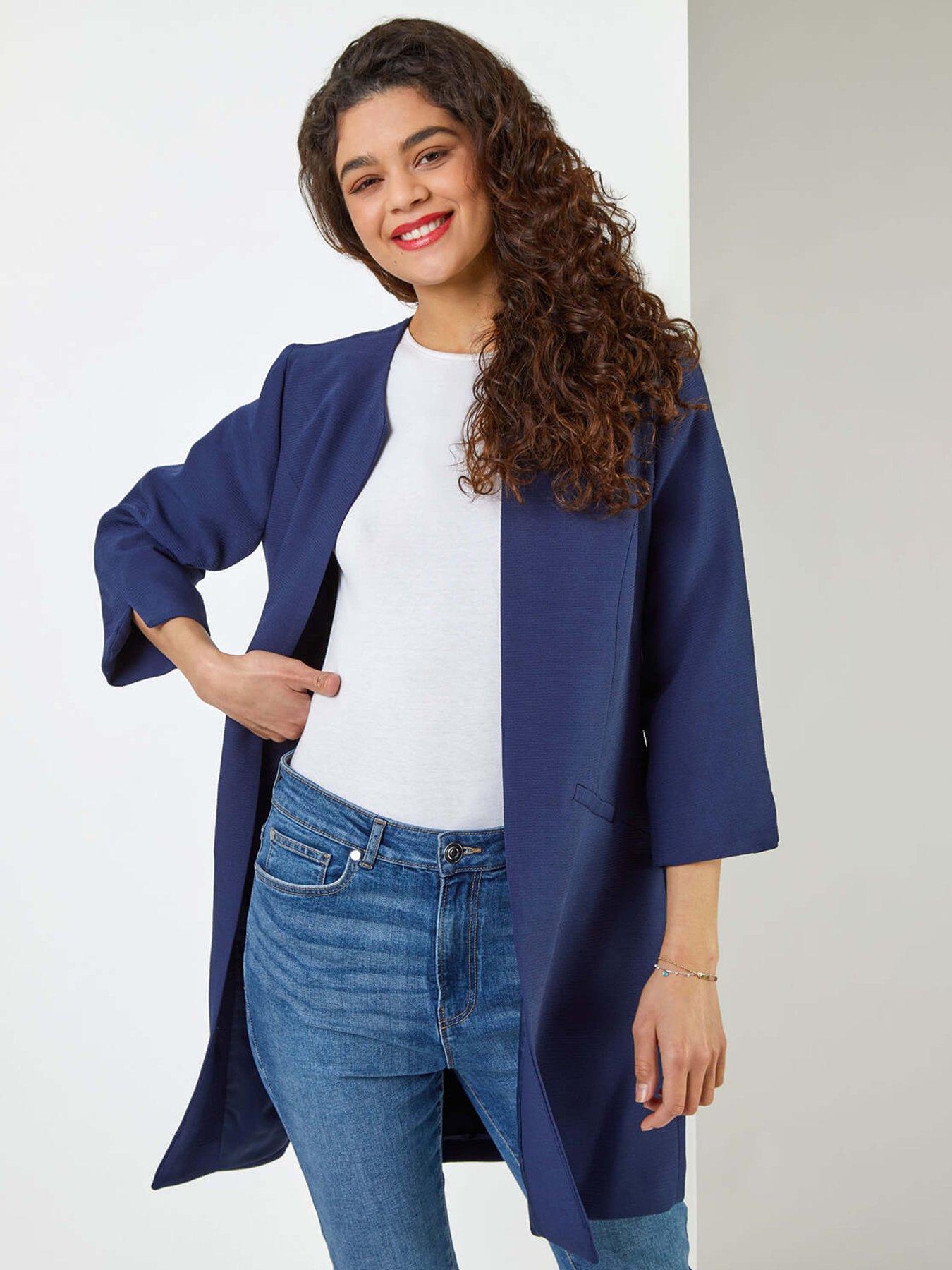 undefined 3/4 Sleeve Textured Longline Jacket - Navy