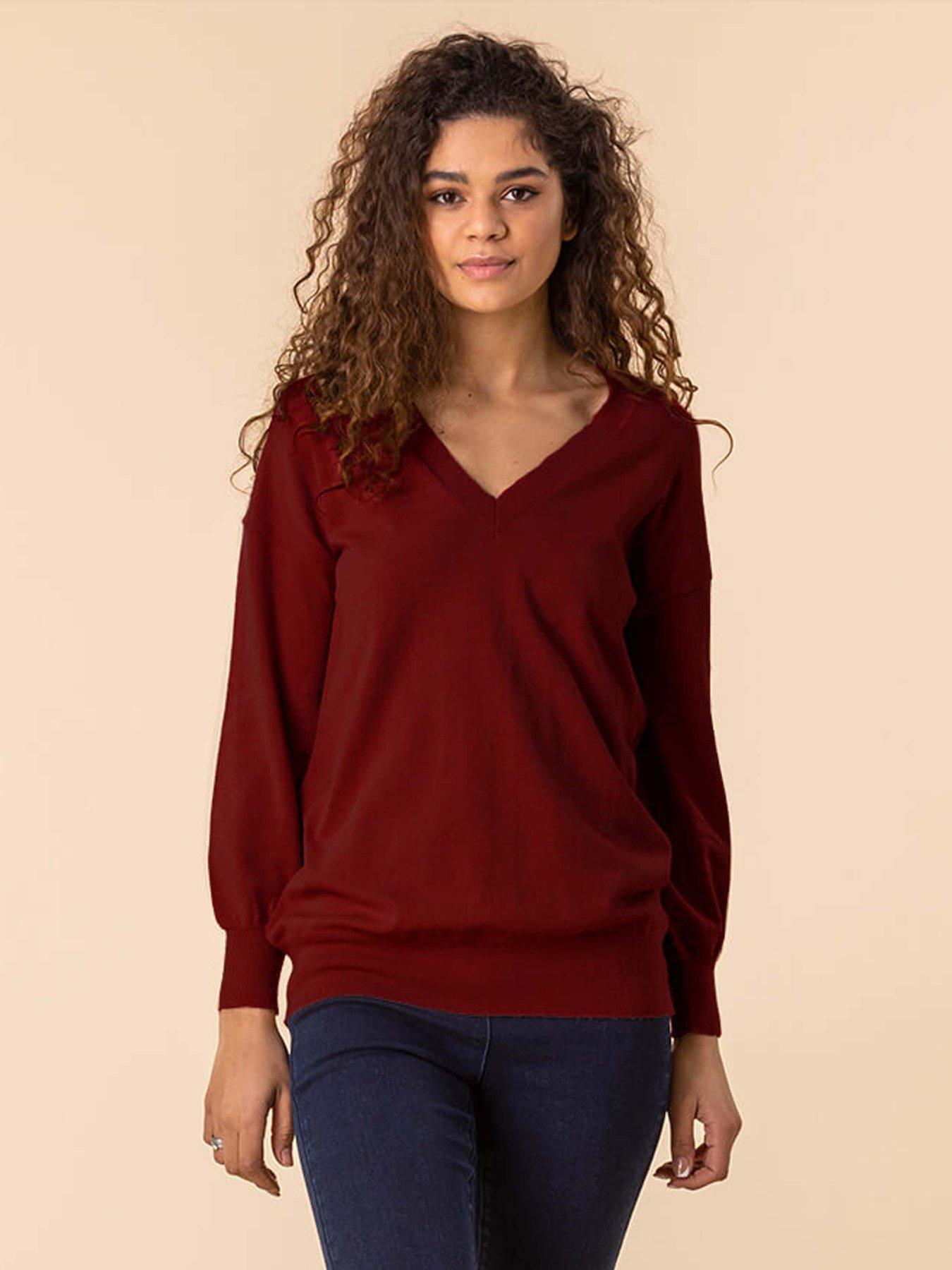 undefined Plain V-neck Stretch Longline Jumper - Red
