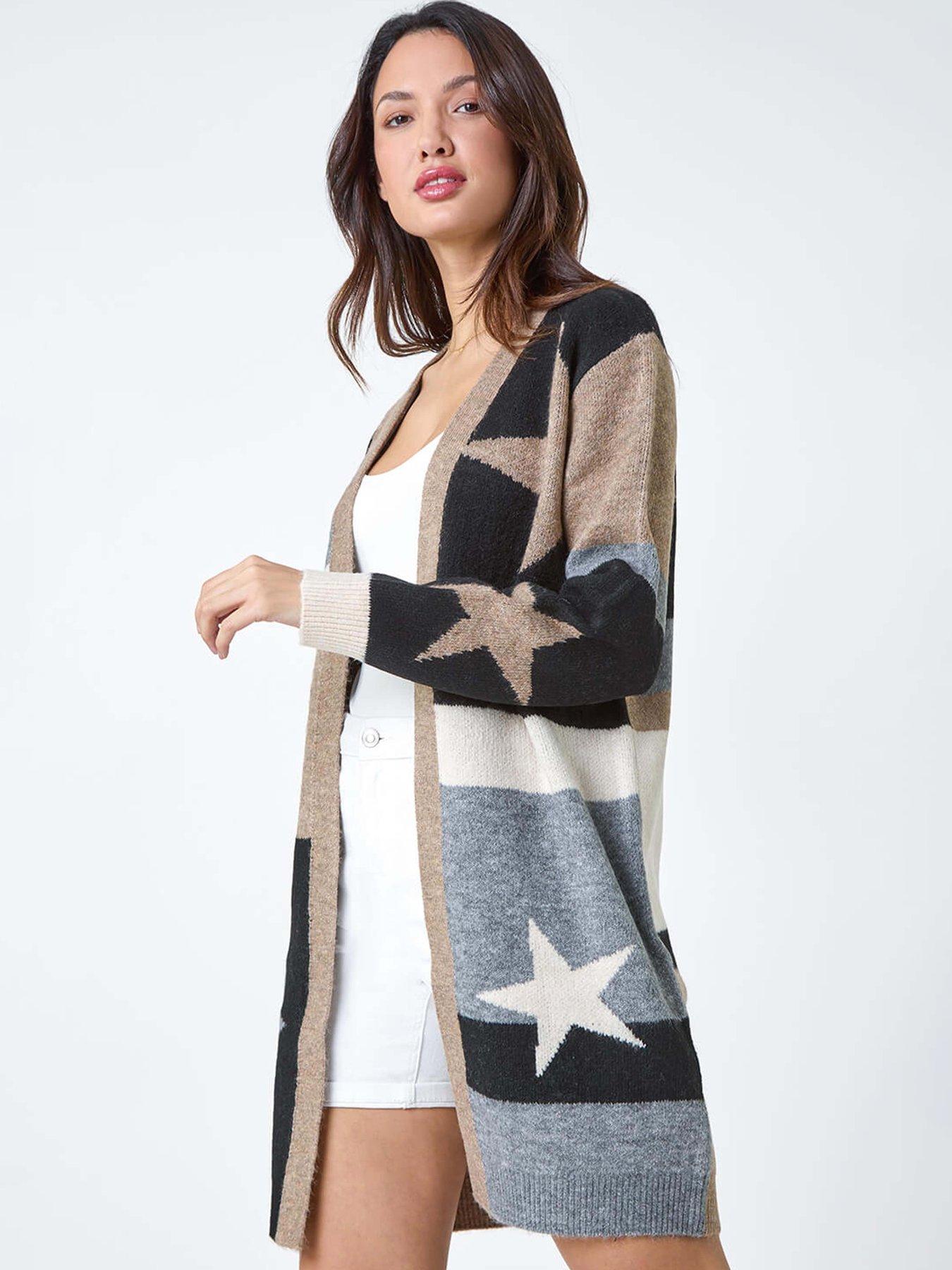 Image 1 of 5 of Roman Star Print Longline Stretch Cardigan - Natural