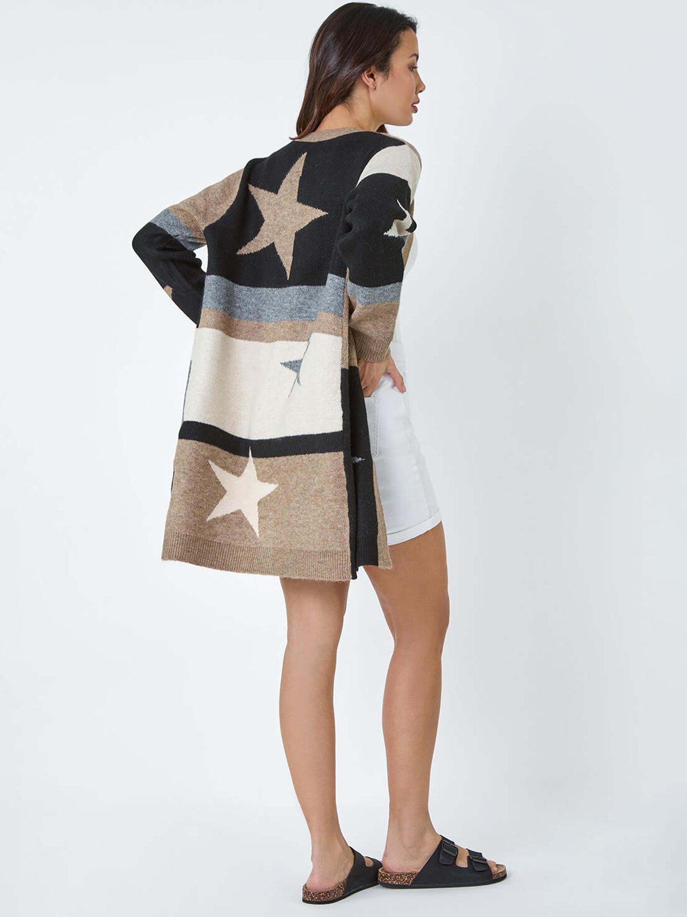 Image 2 of 5 of Roman Star Print Longline Stretch Cardigan - Natural