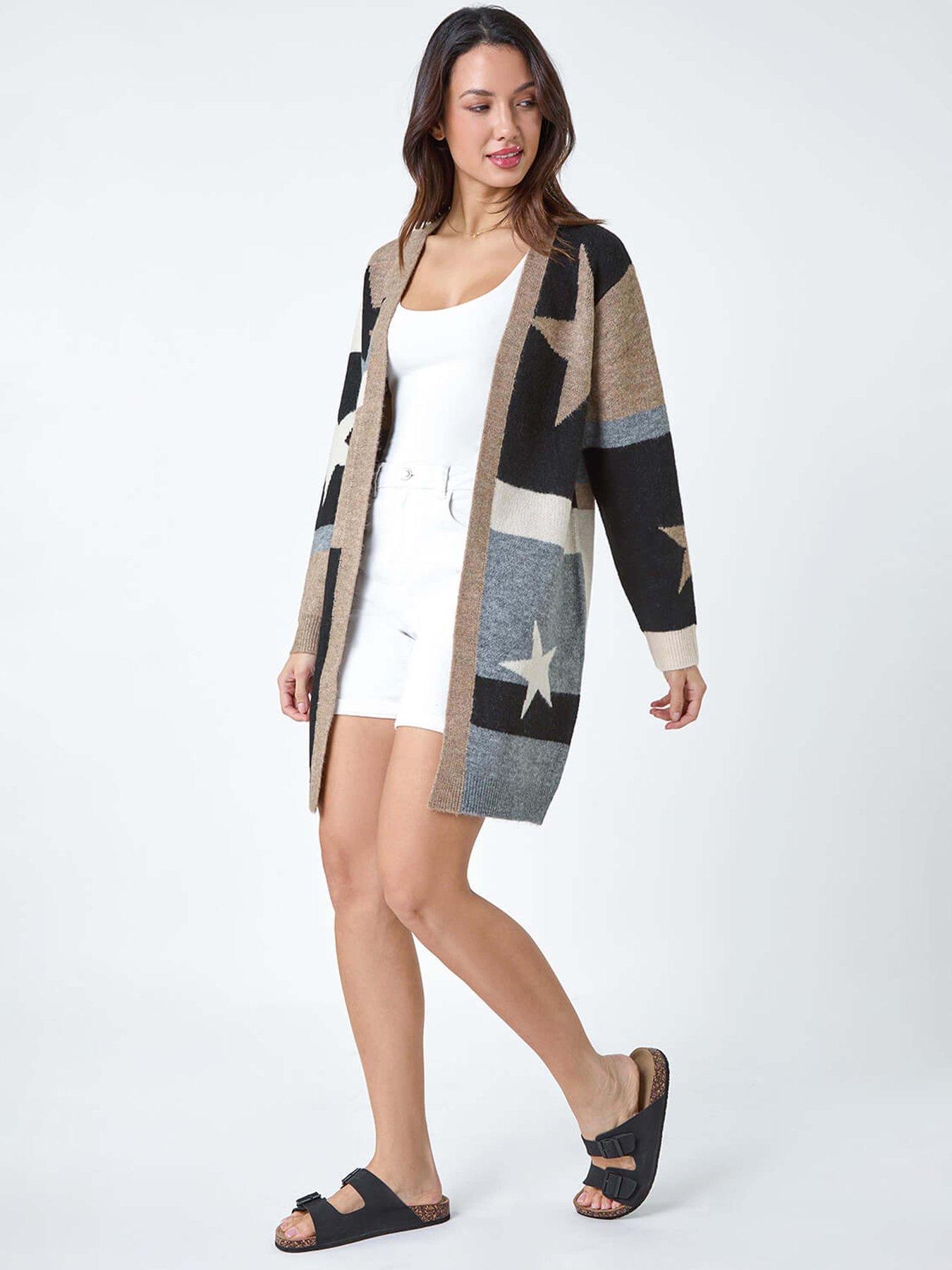 Image 3 of 5 of Roman Star Print Longline Stretch Cardigan - Natural