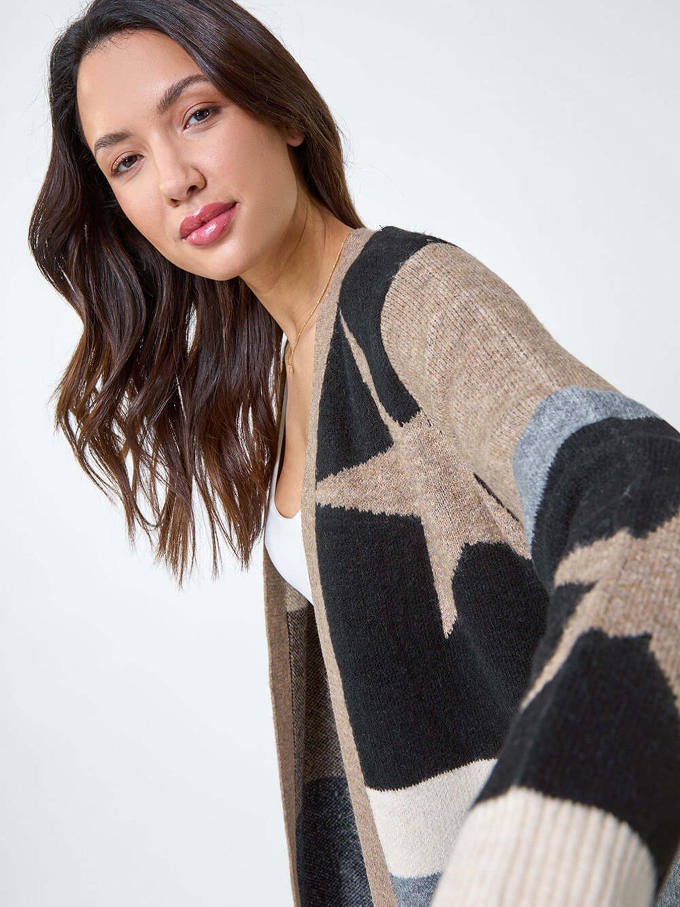 Image 4 of 5 of Roman Star Print Longline Stretch Cardigan - Natural
