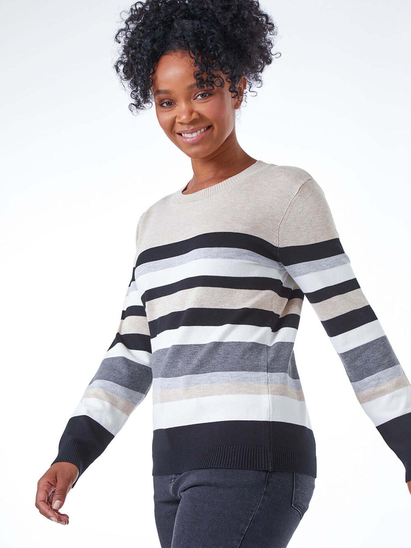 undefined Petite Stripe Round Neck Jumper - Stone