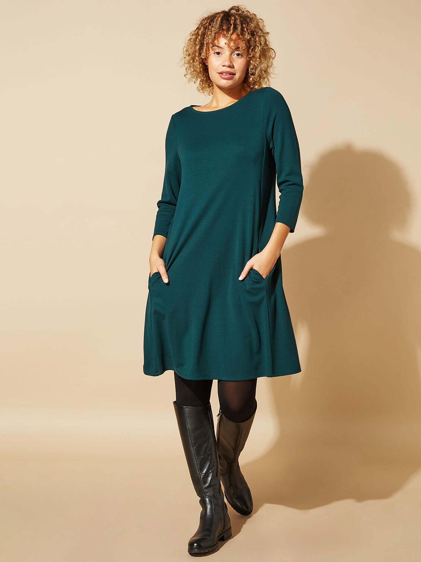 Roman A-line Pocket Detail Swing Dress - Forest Green