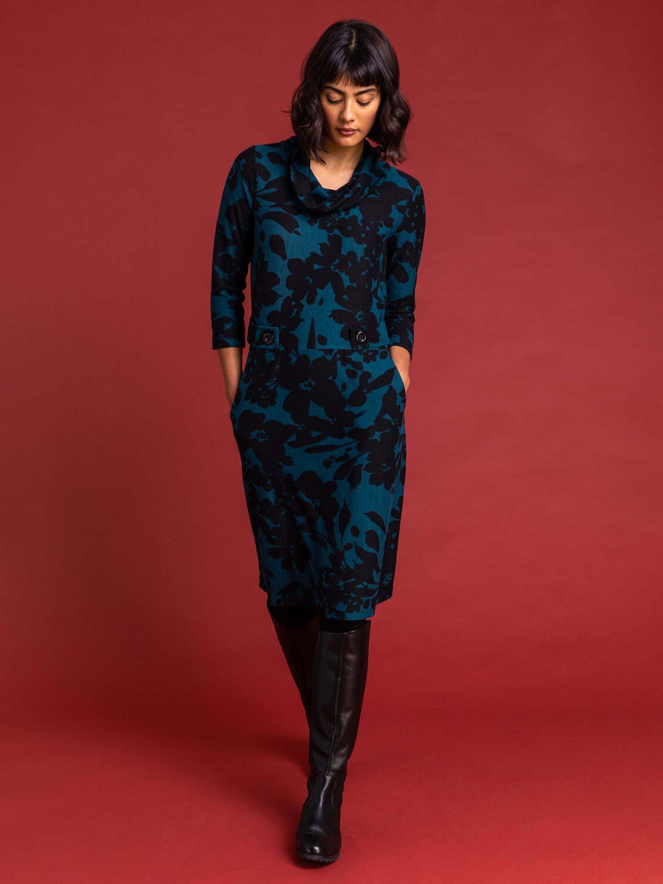 Roman Floral Print Cowl Neck Dress - Teal