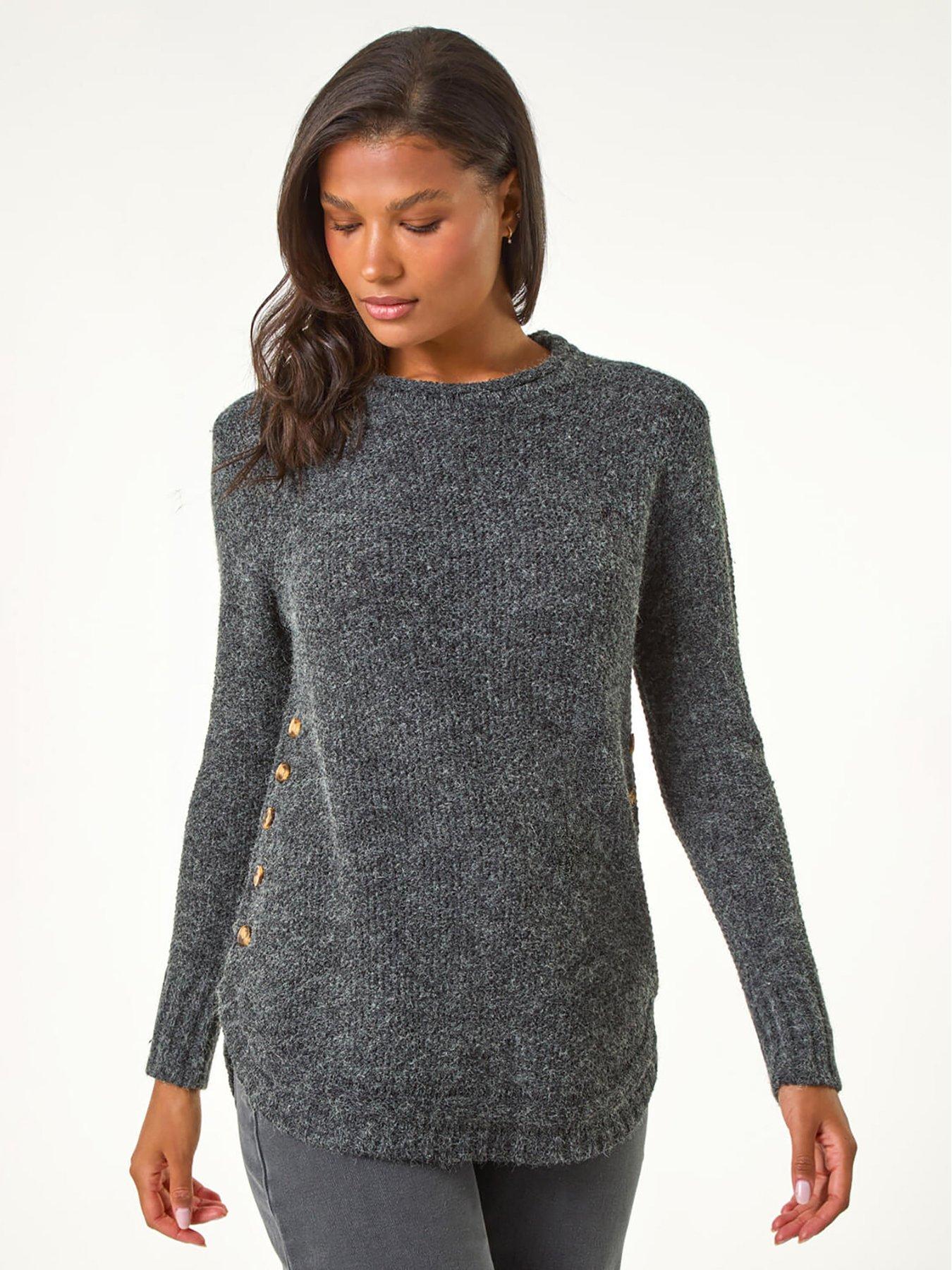 Roman Button Detail Curved Hem Jumper - Black