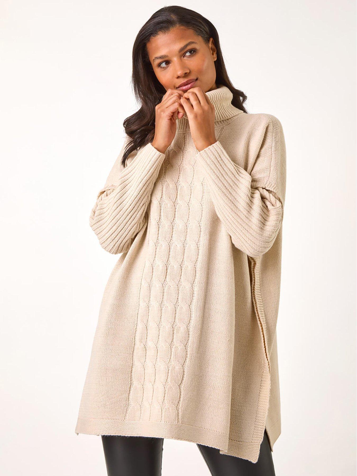 Roman Cable Knit Roll Neck Poncho Jumper Beige Very
