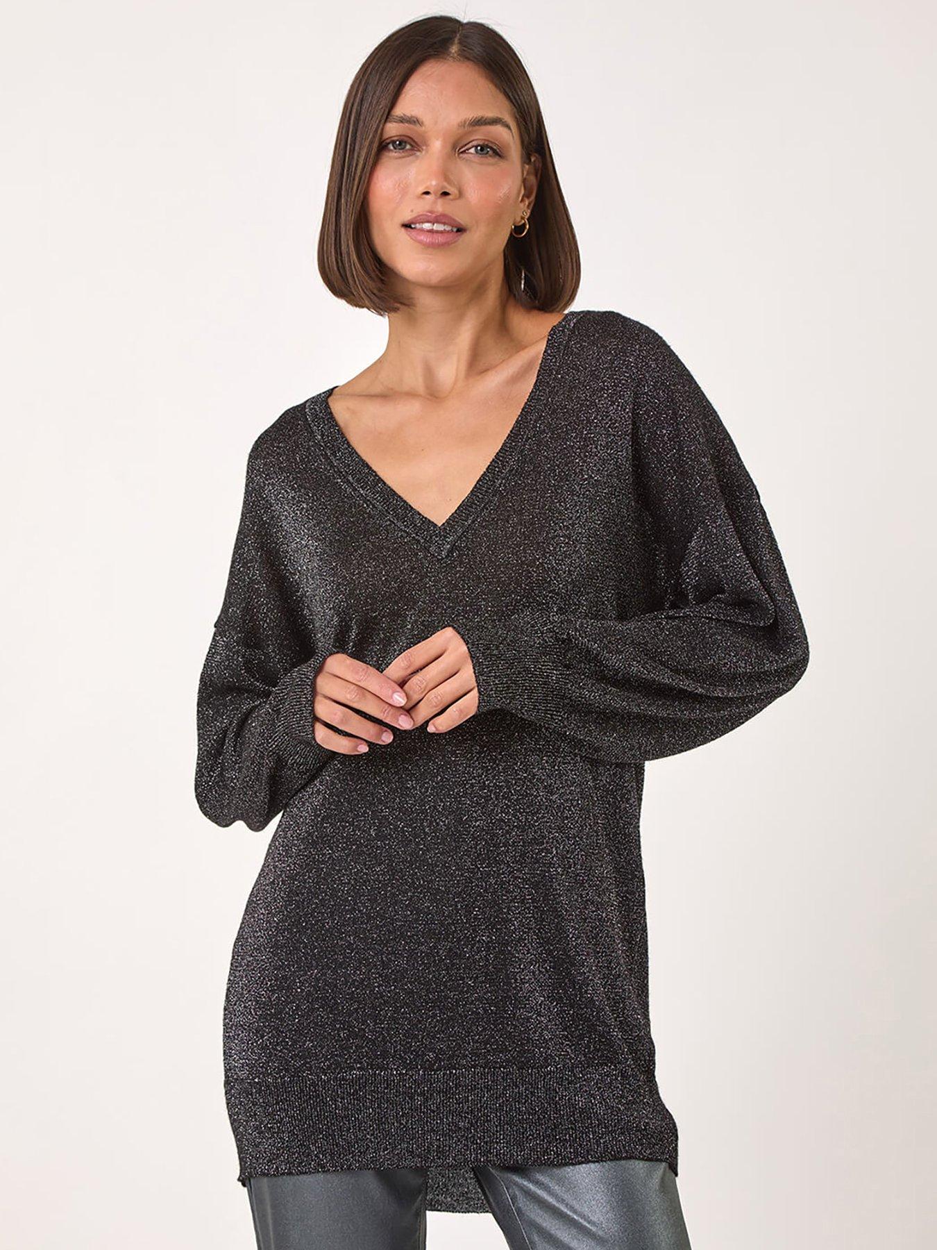 Roman Relaxed Stretch Shimmer V-neck Jumper, Black, Size 18, Women - Image 2