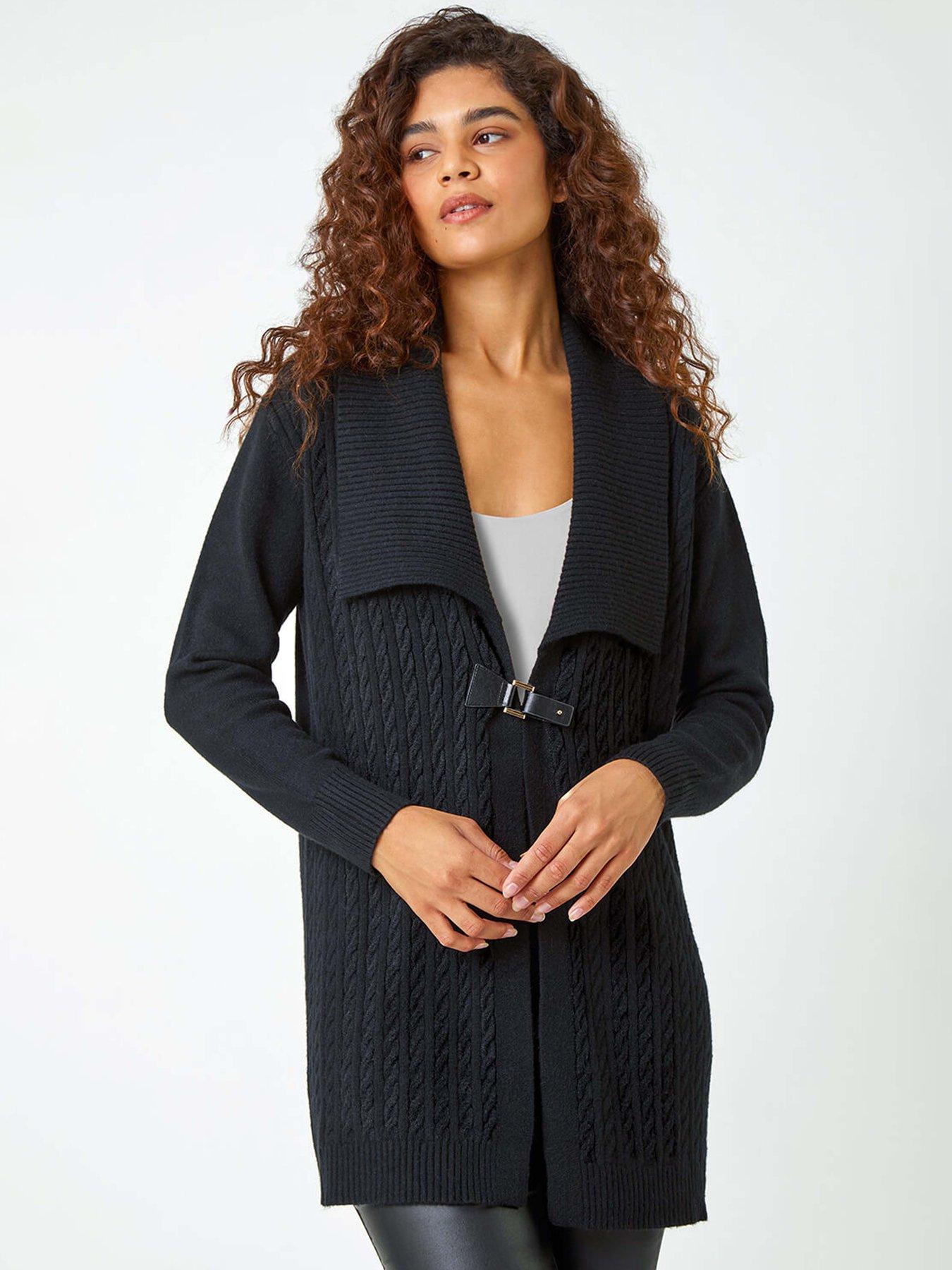Roman Longline Collared Cable Knit Cardigan Black Very