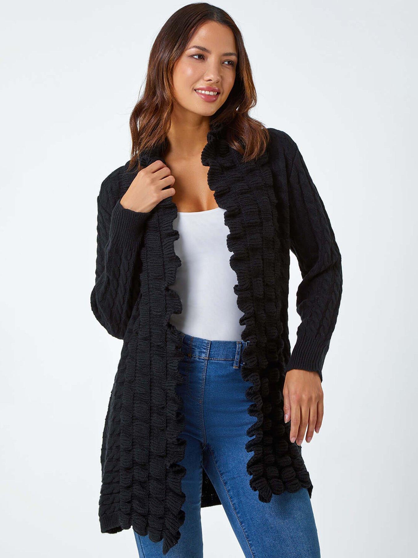 undefined Longline Ruffle Detail Cardigan - Black