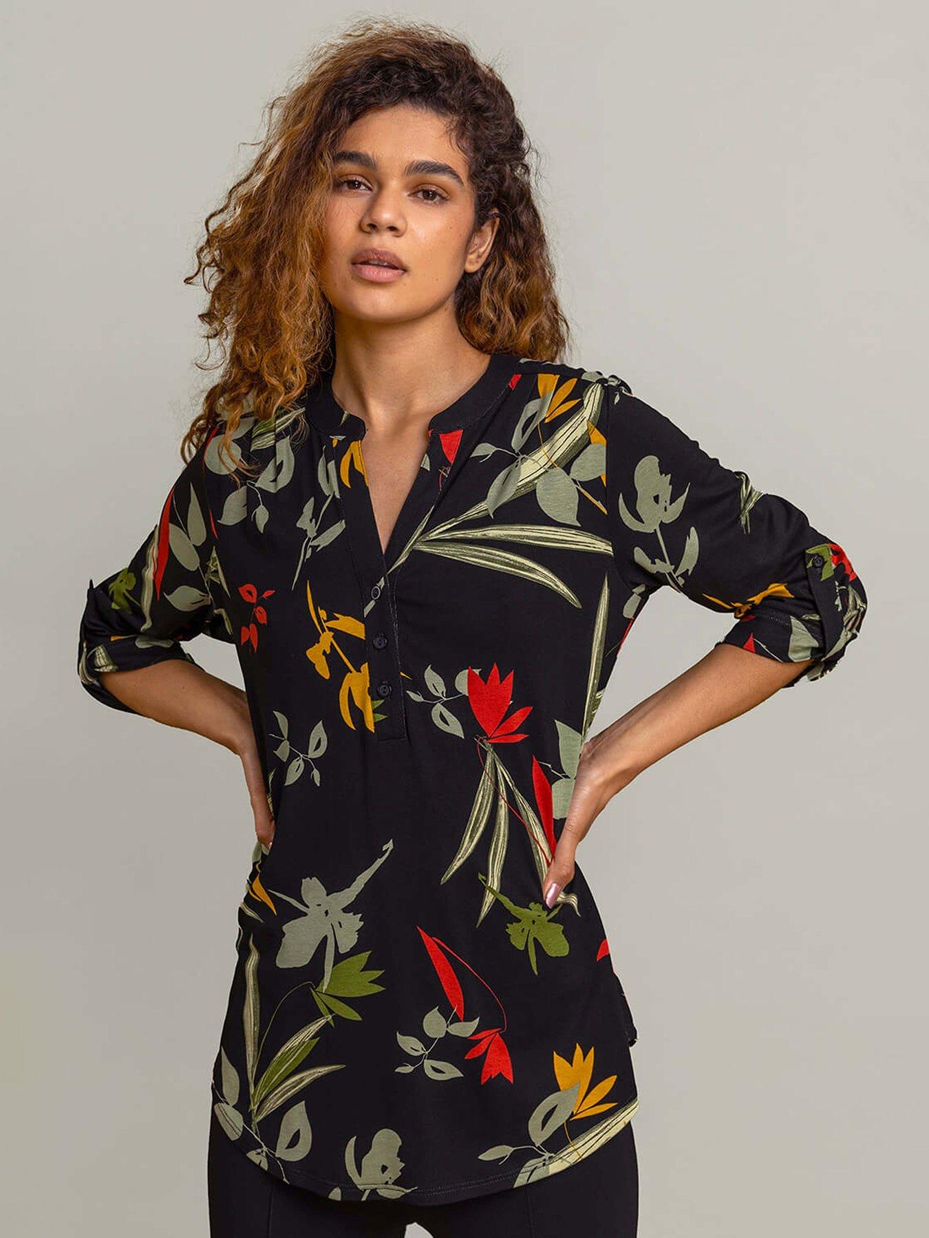 Roman Floral Print Notch Neck Top - Black