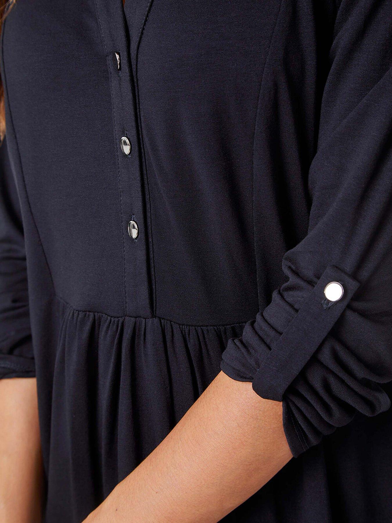 Plain V neck Button Detail Tunic Top Black