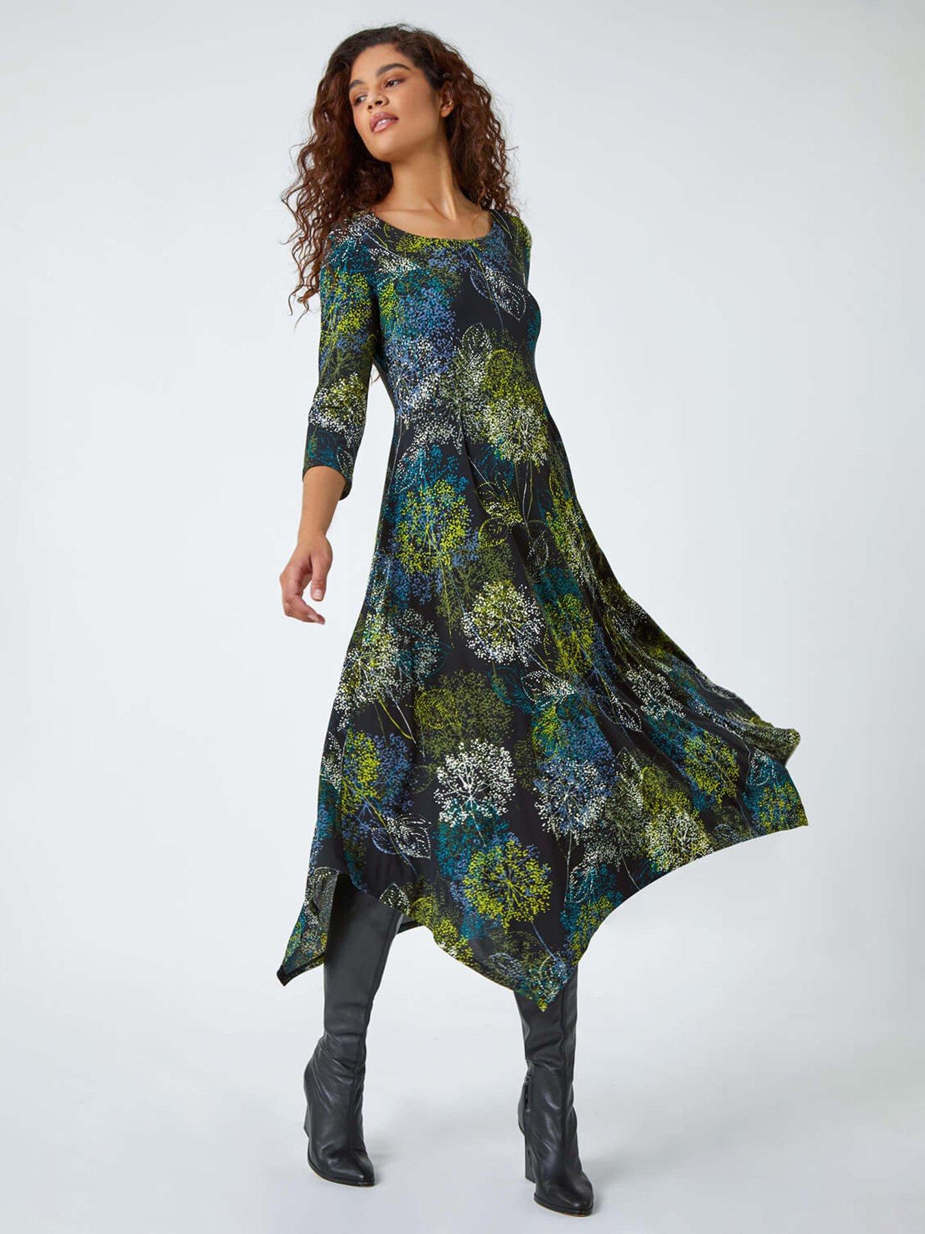 Roman Floral Hanky Hem Stretch Midi Dress - Green