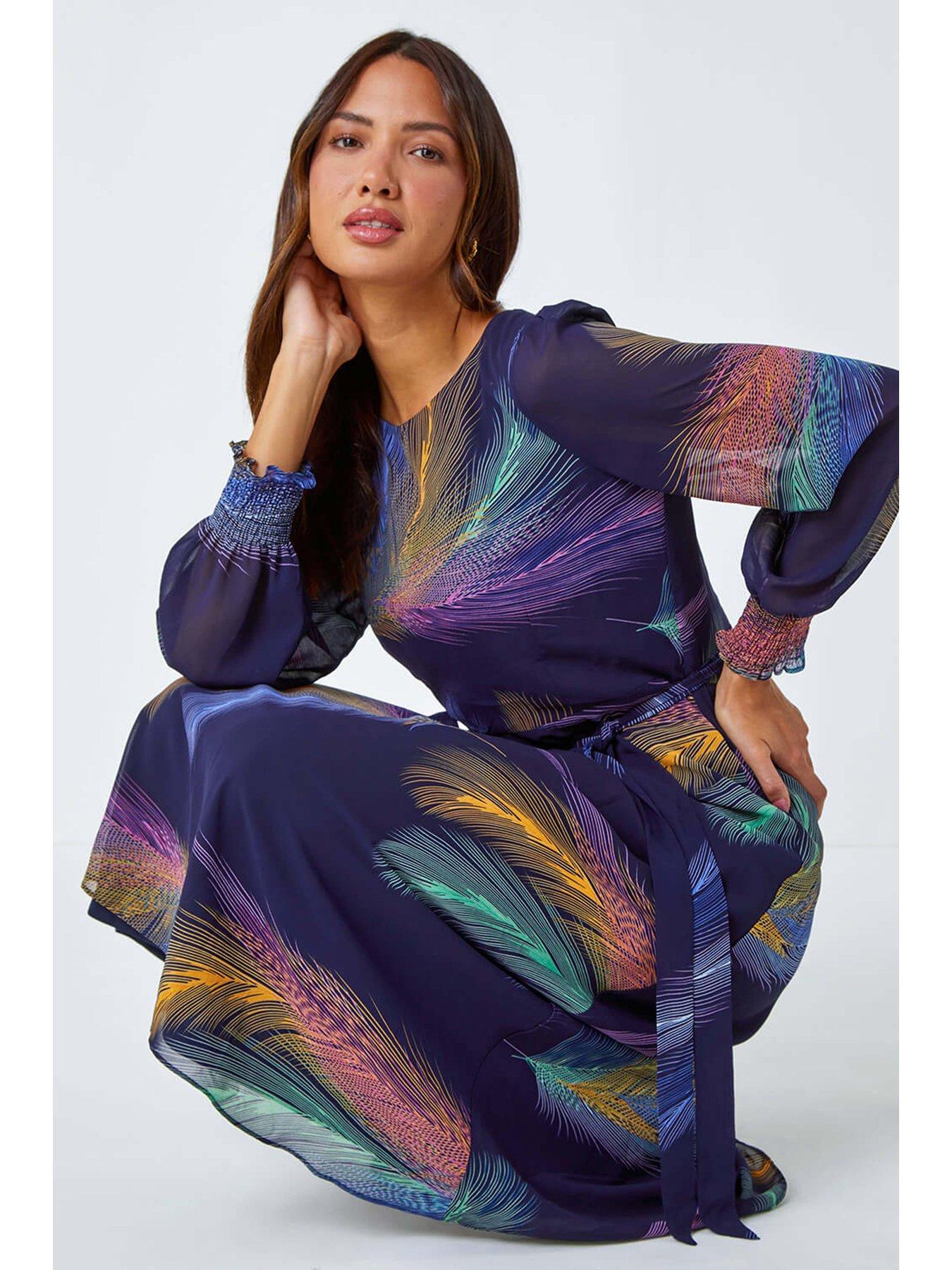 Roman Feather Print Belted Midi Dress - Purple