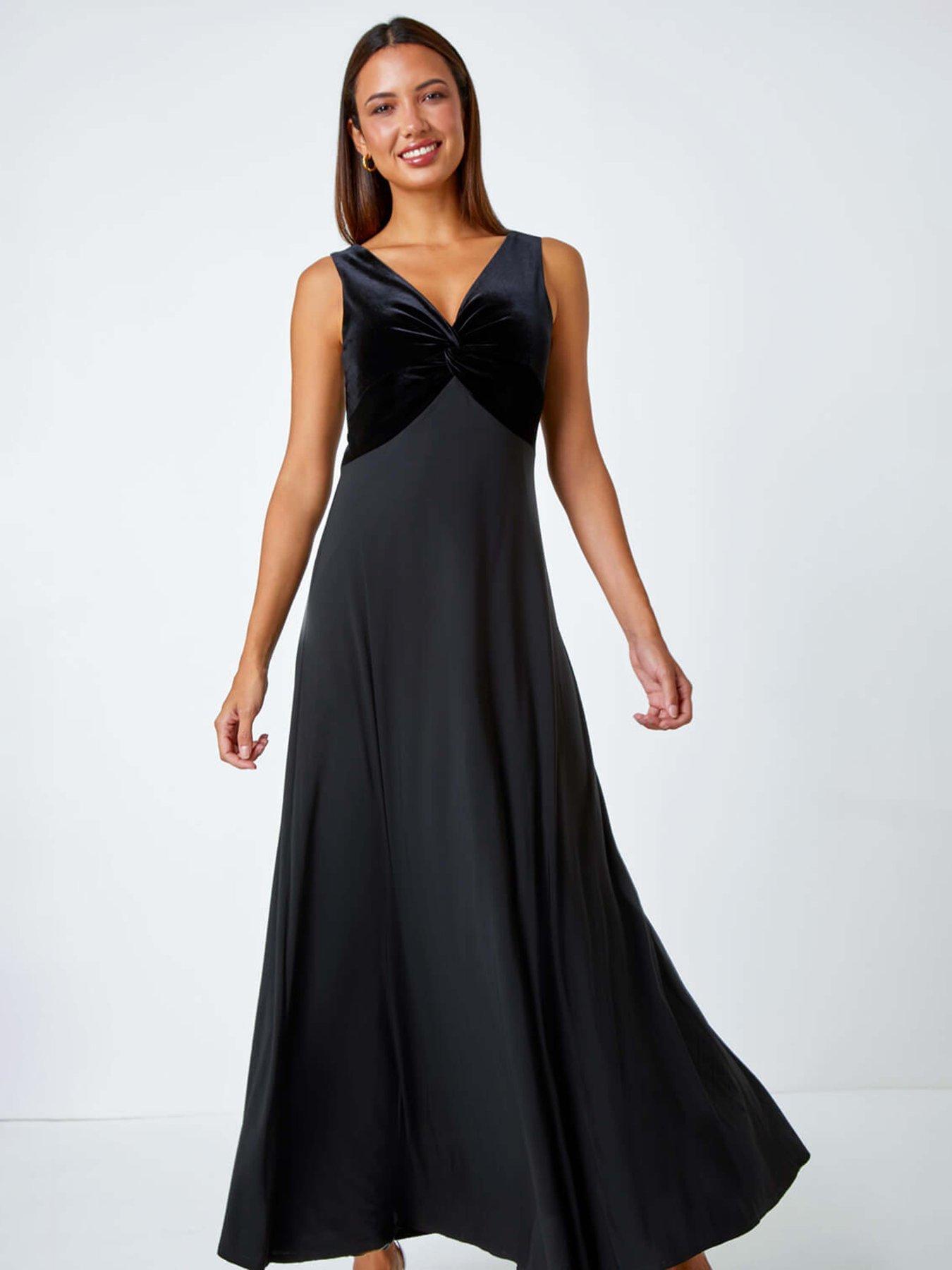 Roman Velvet Twist Front Maxi Stretch Dress - Black