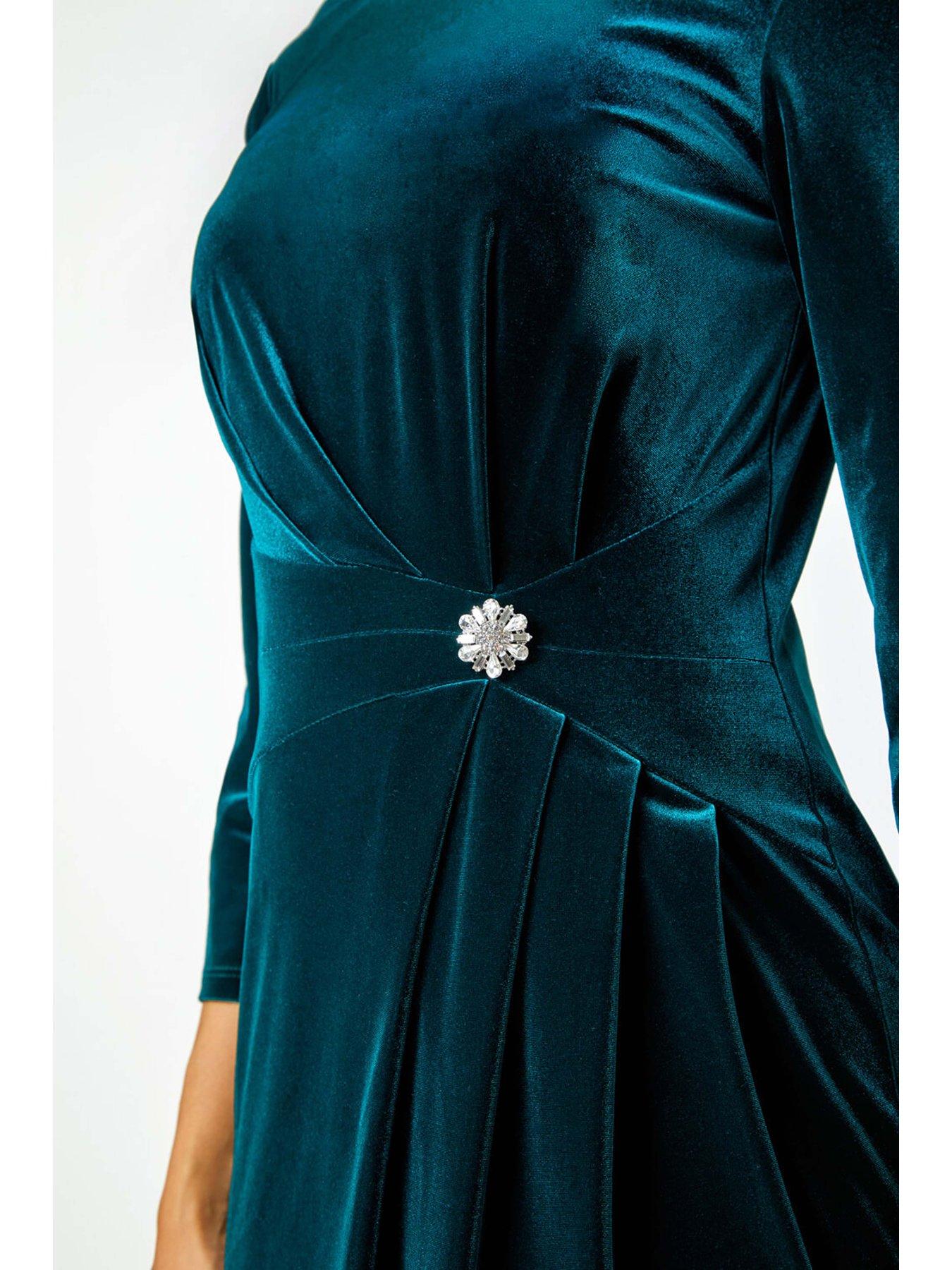 Roman Velvet Side Twist Diamante Shift Dress - Green | Very