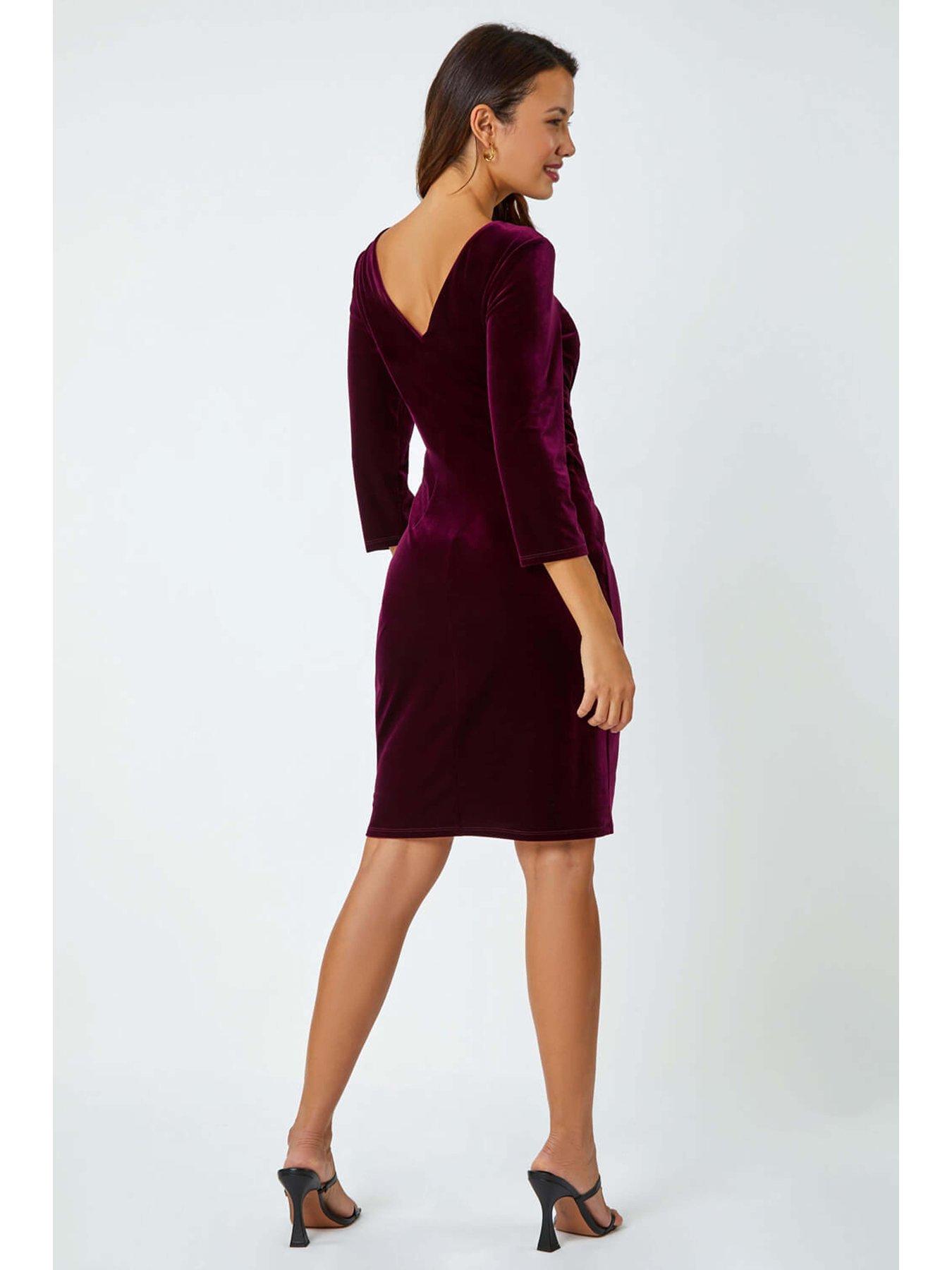 Roman Velvet Side Twist Diamante Stretch Dress Wine Very