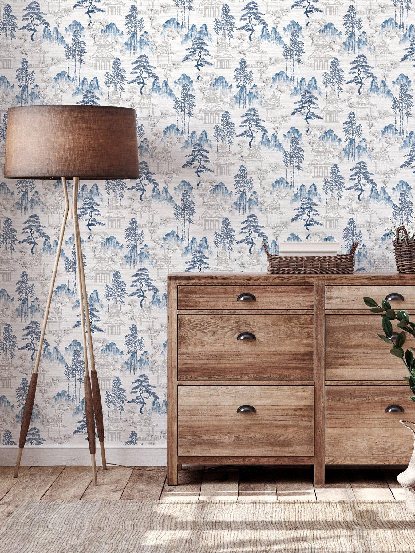 Product photograph of Arthouse Japanese Pagoda Blue Grey Wallpaper from very.co.uk