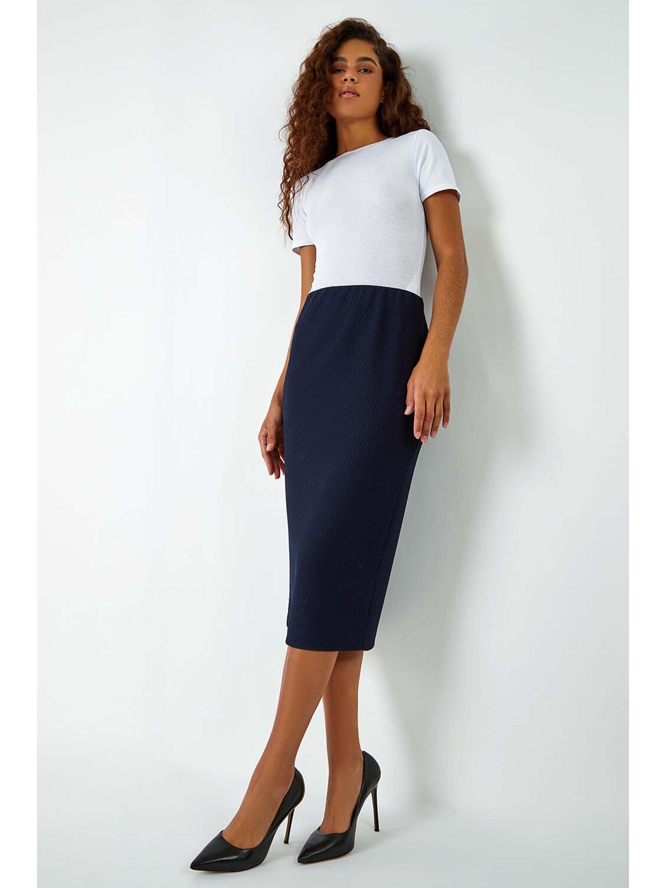 Image 3 of 5 of Roman Textured Pencil Midi Skirt - Navy