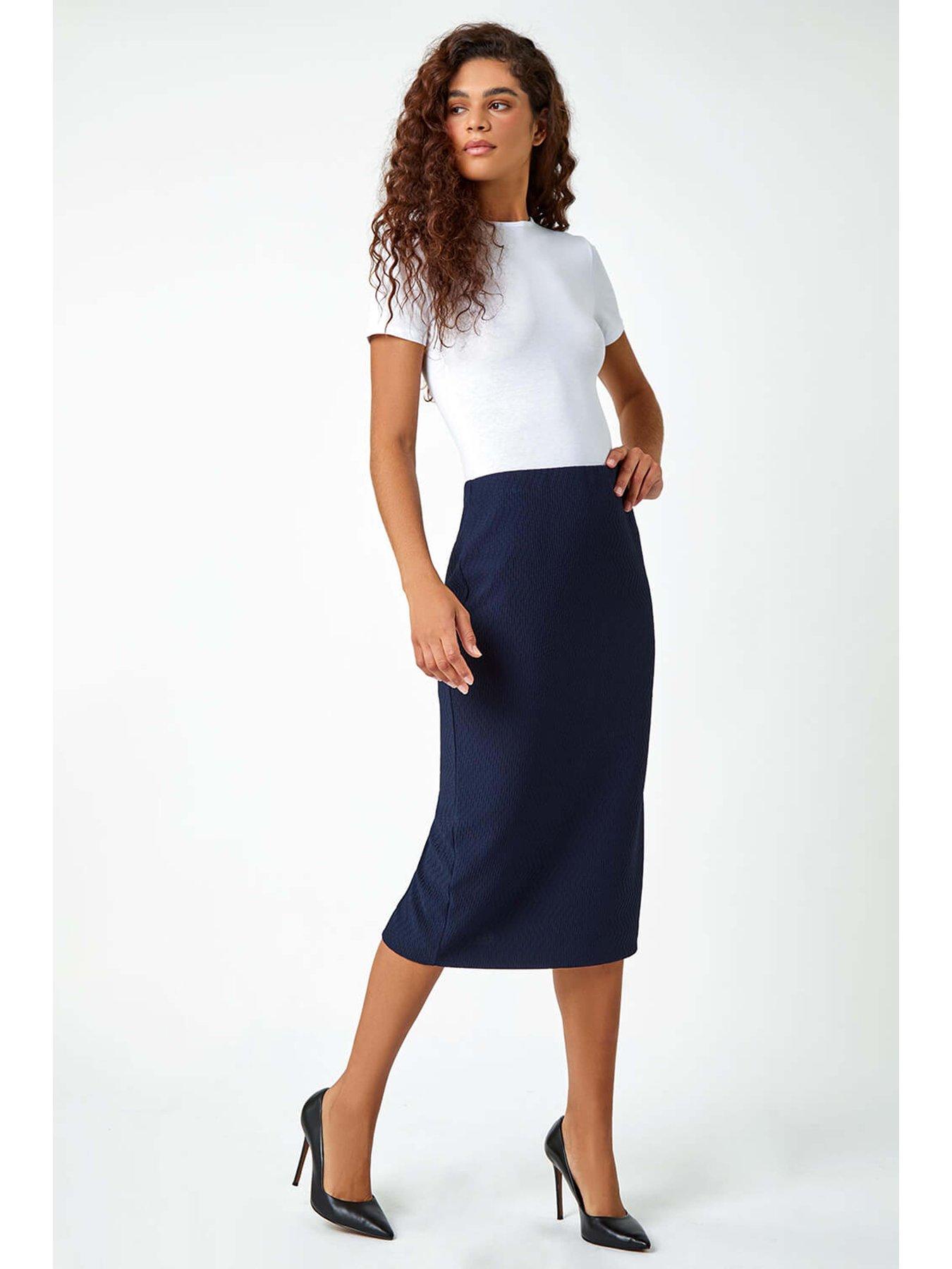 Image 4 of 5 of Roman Textured Pencil Midi Skirt - Navy