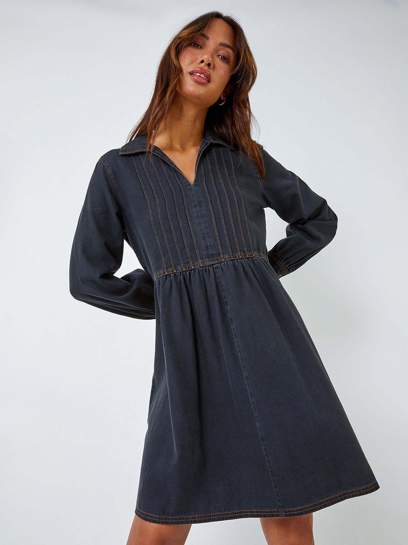 undefined Cotton Blend Denim Shirt Dress - Black