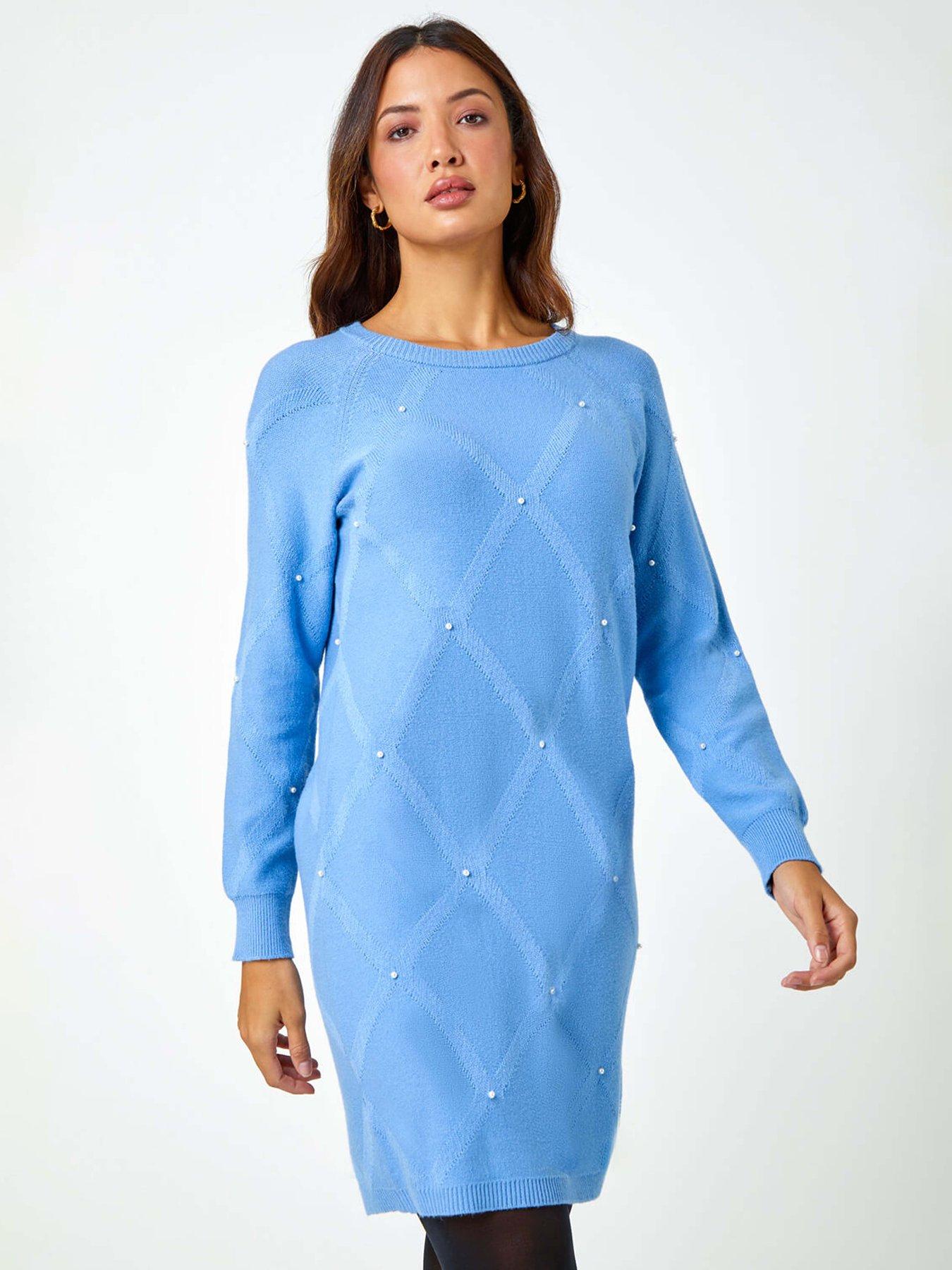 Pearl Embellished Jumper Dress Light Blue