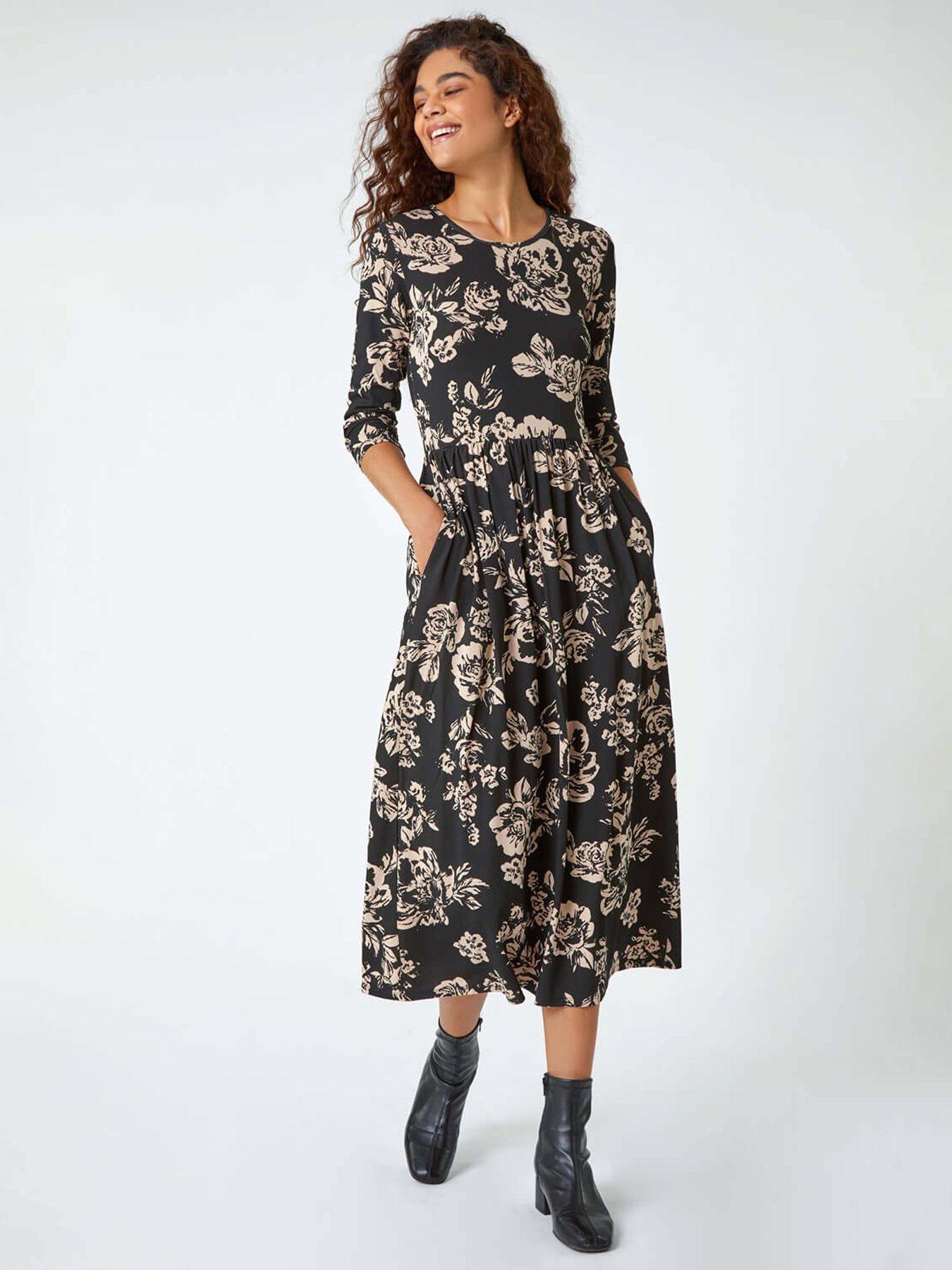 Roman Floral Pocket Stretch Midi Dress, Black, Size 20, Women