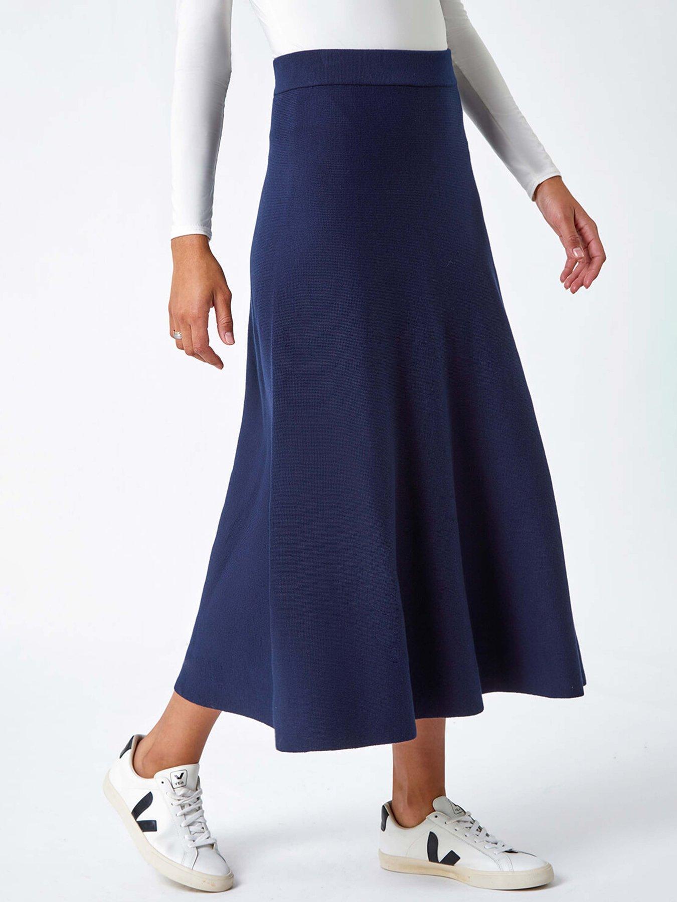 Roman Plain Knitted A Line Midi Skirt, Blue, Size 16, Women