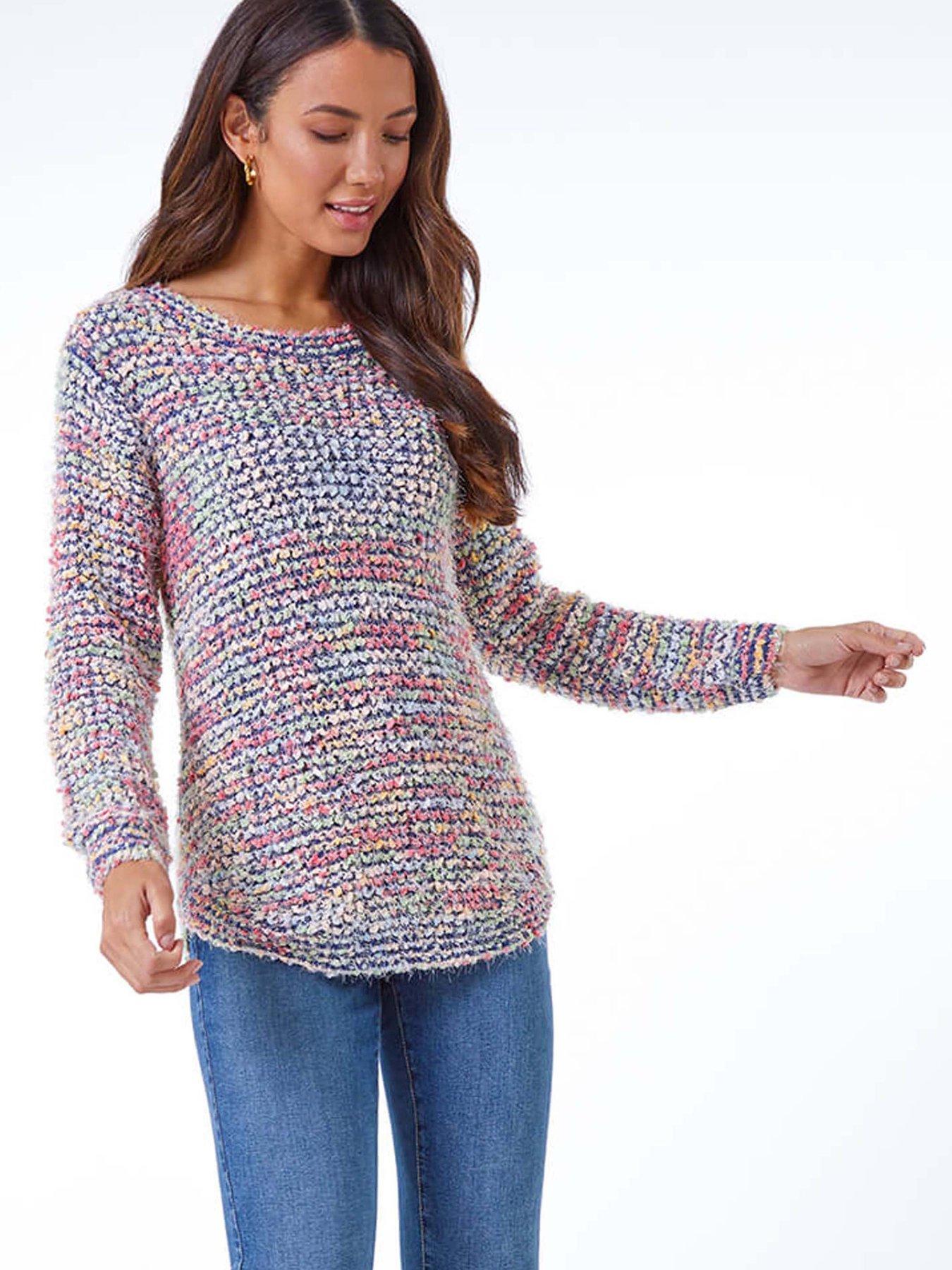 Roman Fluffy Striped Curve Hem Jumper - Blue