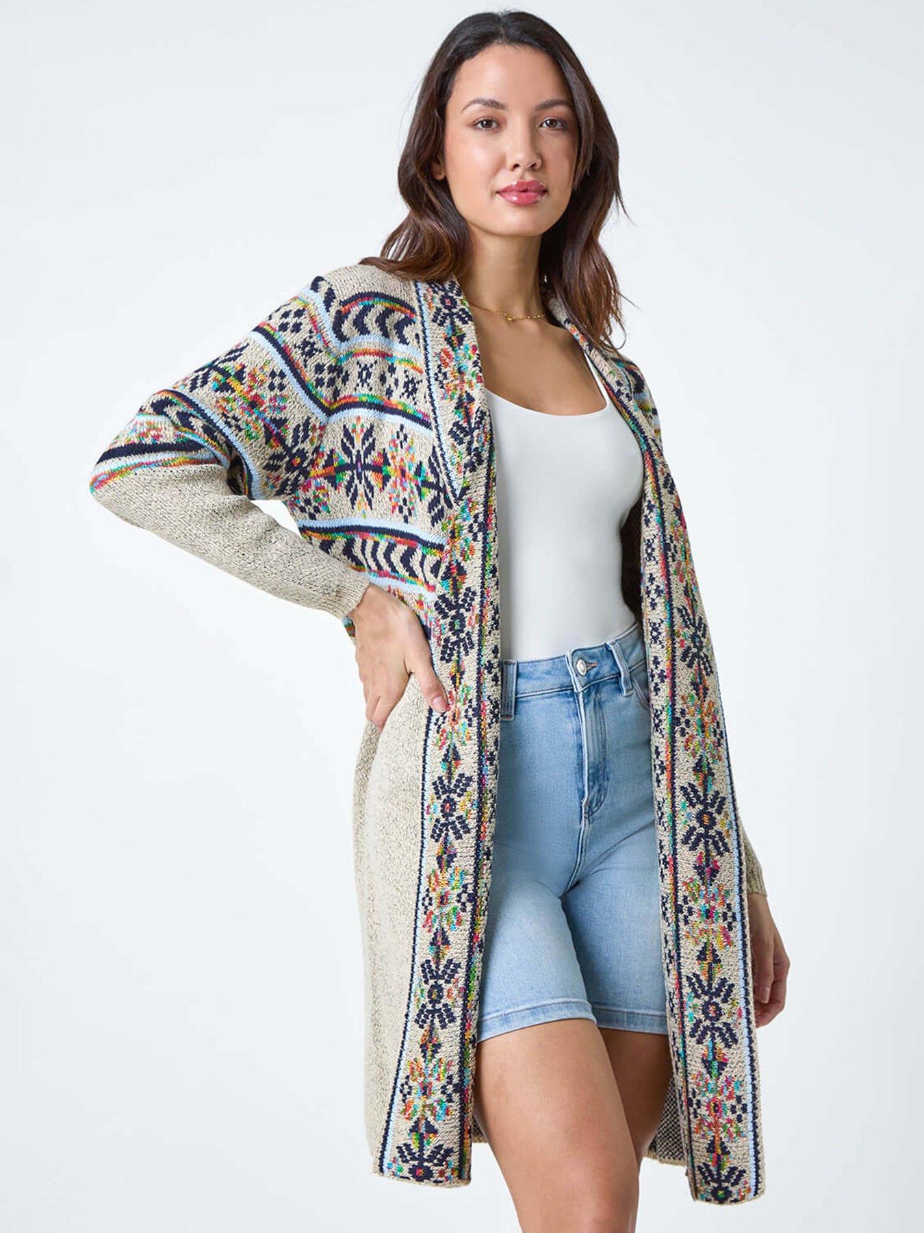 Roman Nordic Patterned Longline Cardigan - Natural