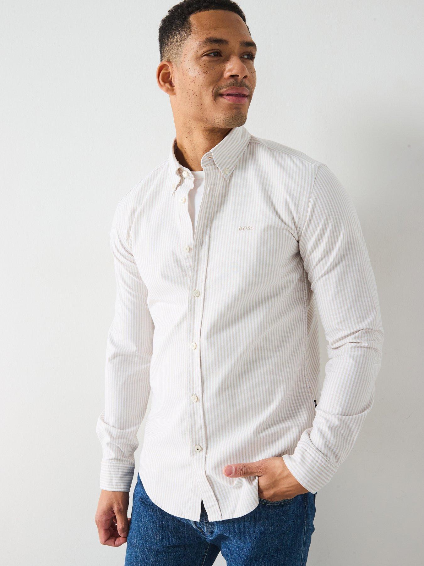undefined Roan Slim Fit Button Down Logo Stripe Oxford Shirt - Beige