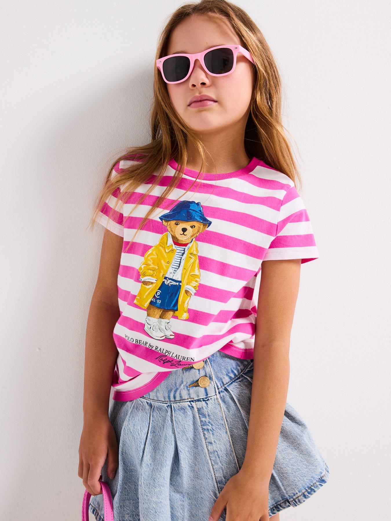undefined Girls Stripe Bear Short Sleeve T-Shirt - White/Pink