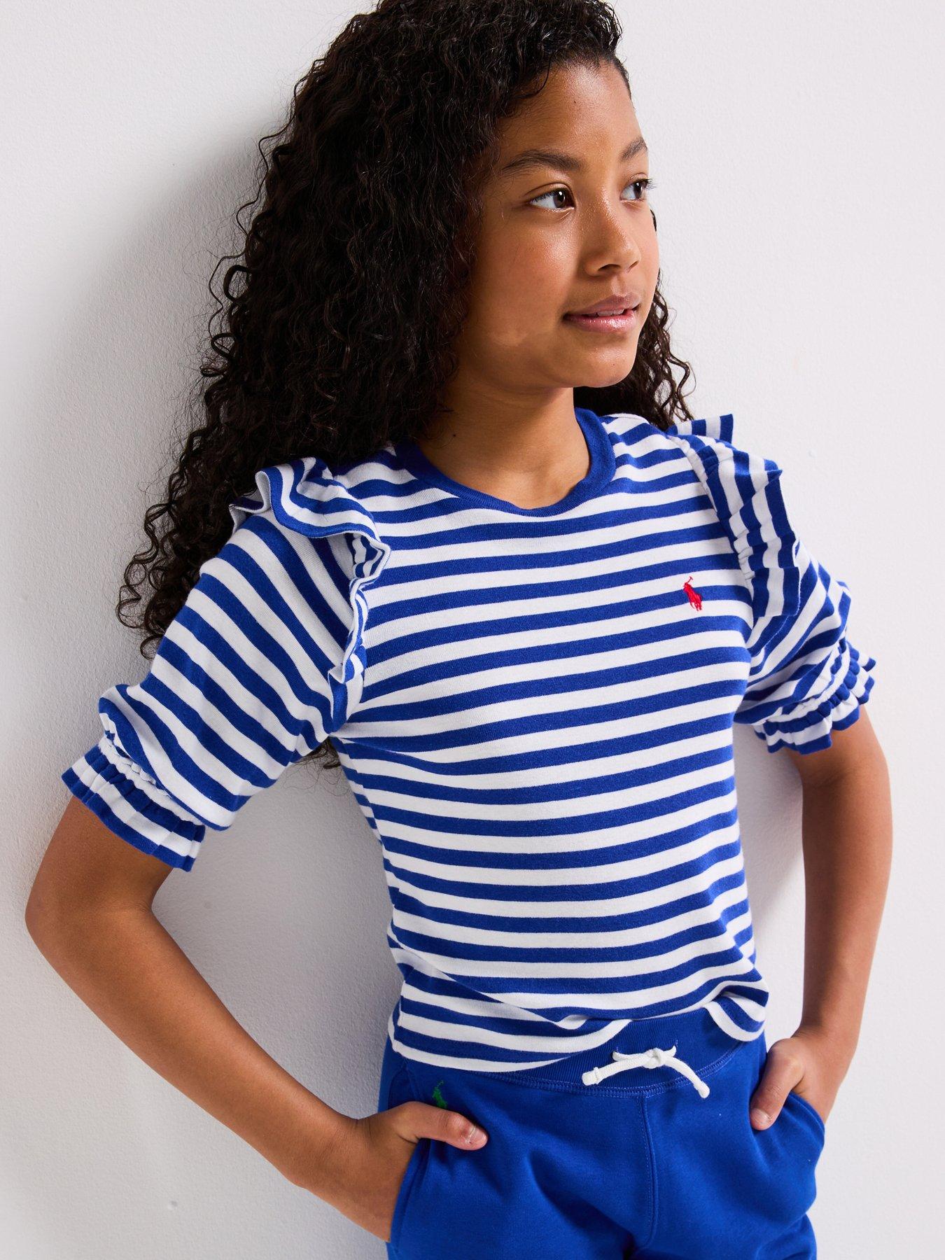 undefined Girls Stripe Frill Long Sleeve T-Shirt - White/Blue