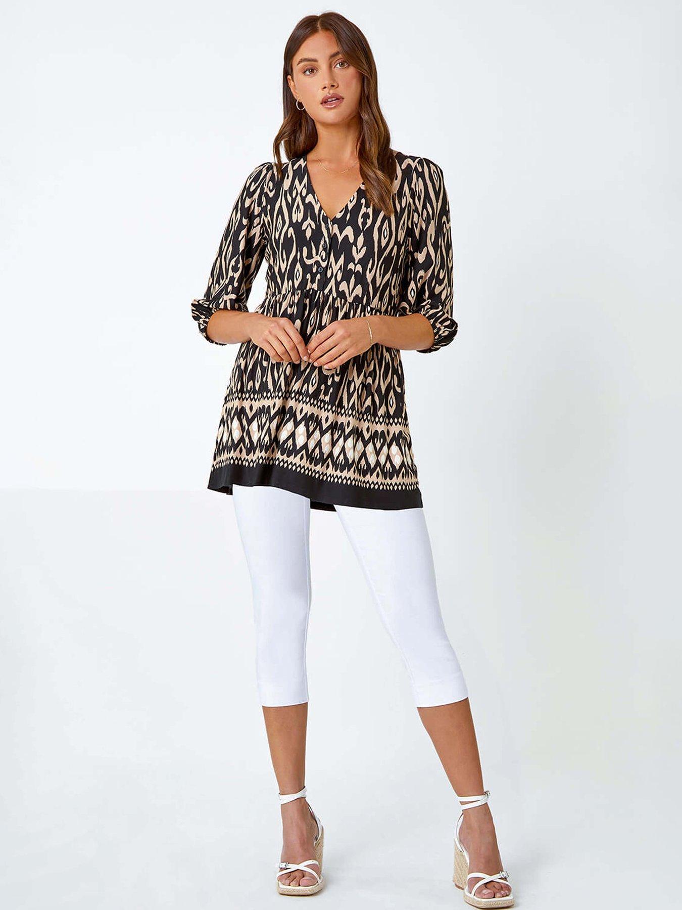 Roman Aztec Print V-neck Stretch Tunic Smock Top - Black | Very