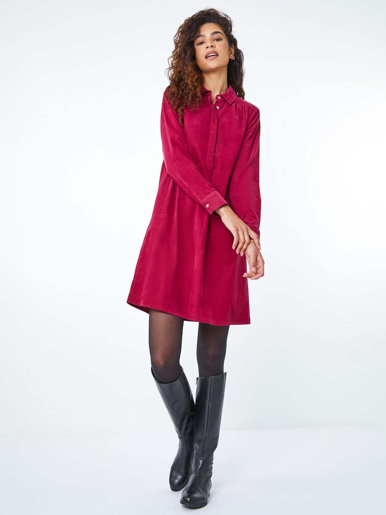 Roman Corduroy Tunic Shirt Dress - Wine