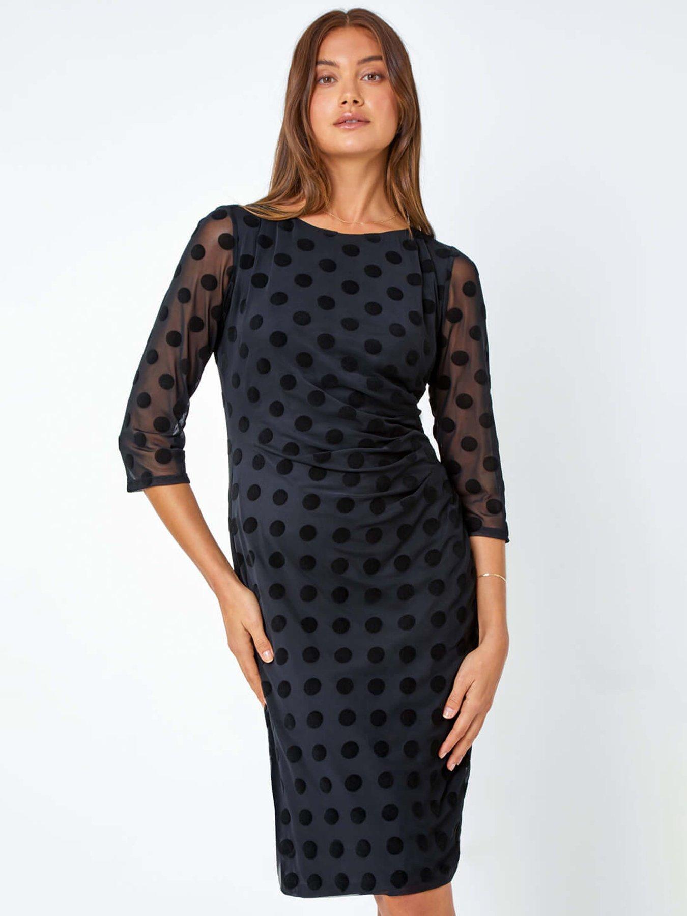undefined Polka Dot Ruched Stretch Dress - Black