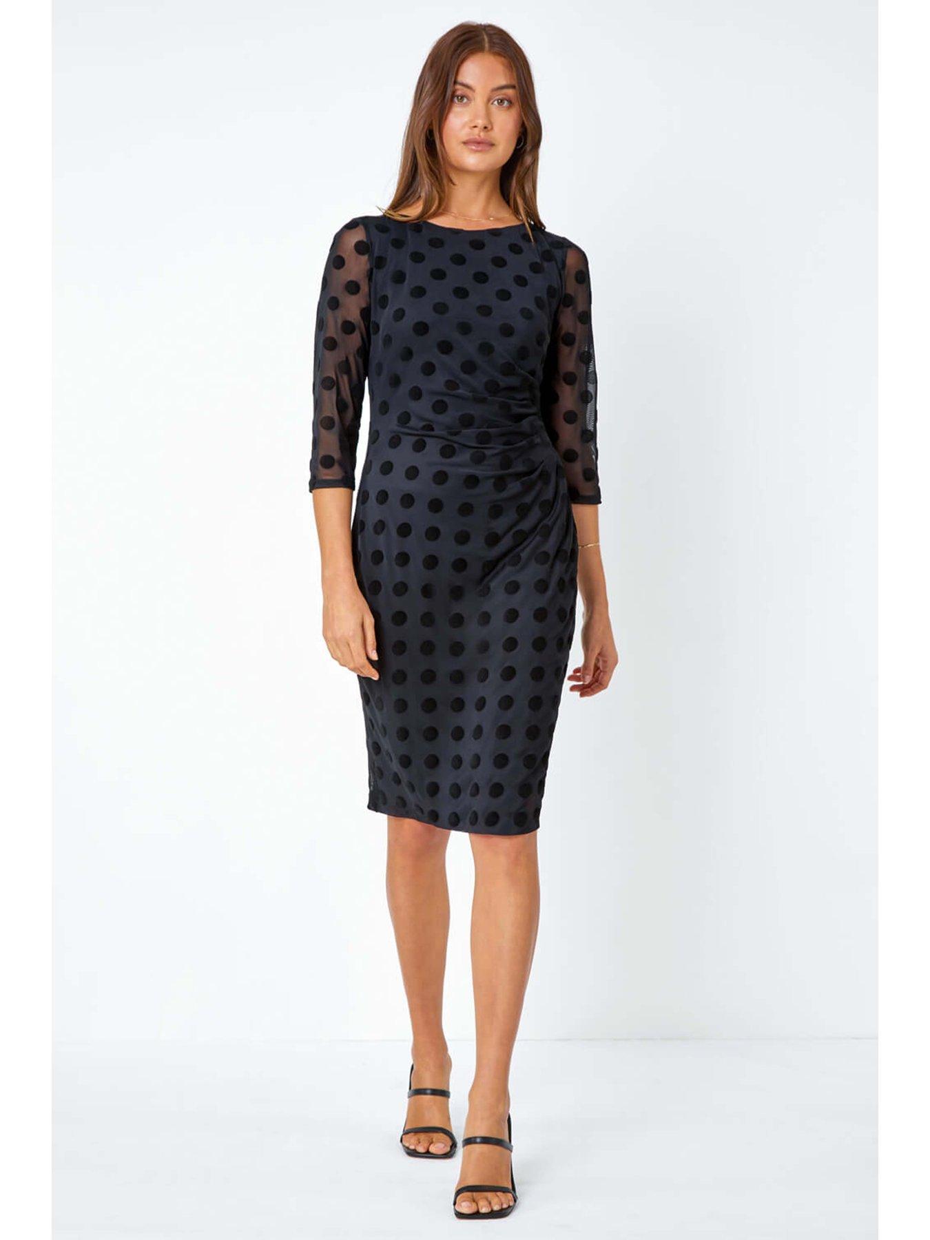 black polka dot ruched dress Ruched High-Low Midi Dress in Polka Dot