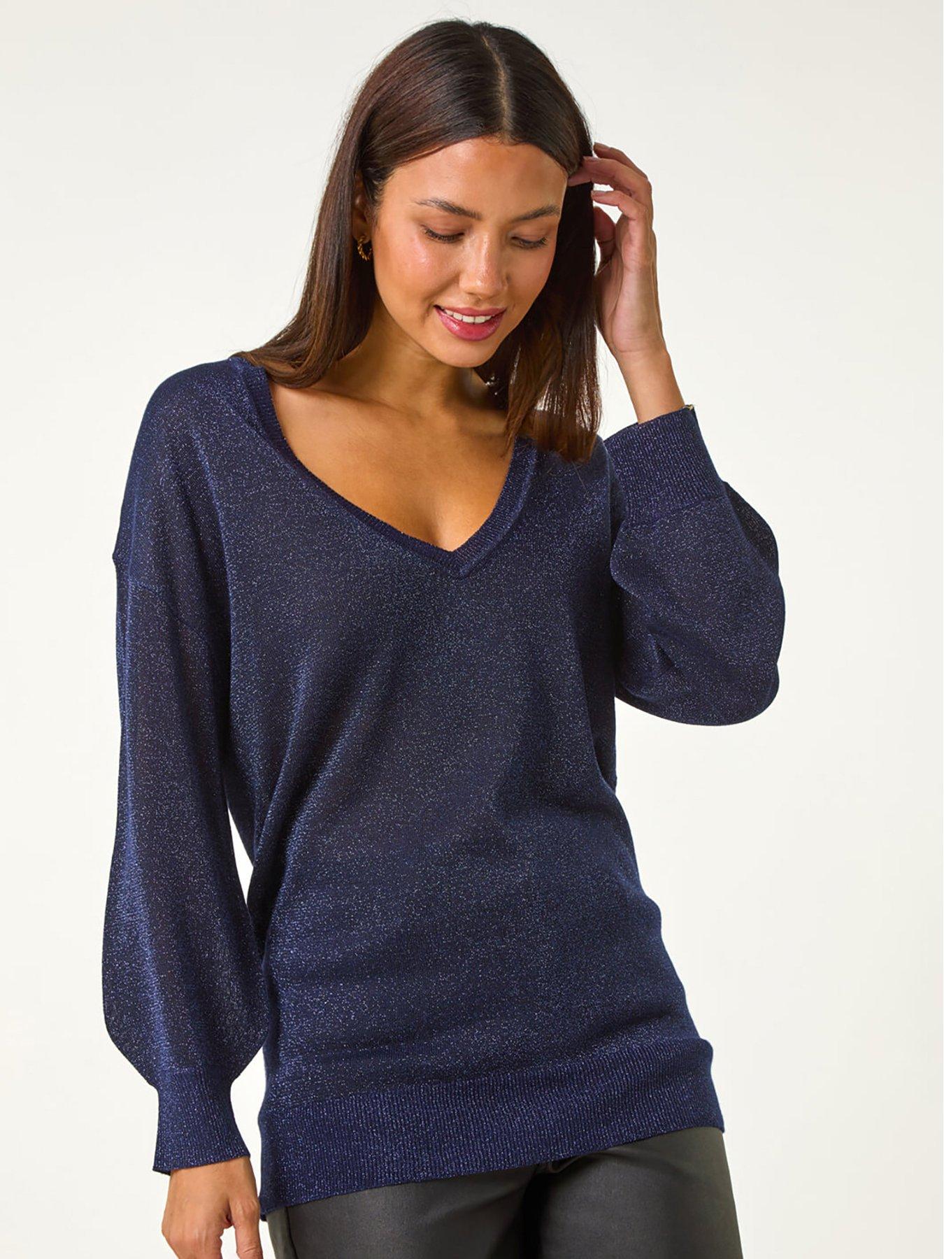 Roman Relaxed Stretch Shimmer V-neck Jumper - Midnight Blue