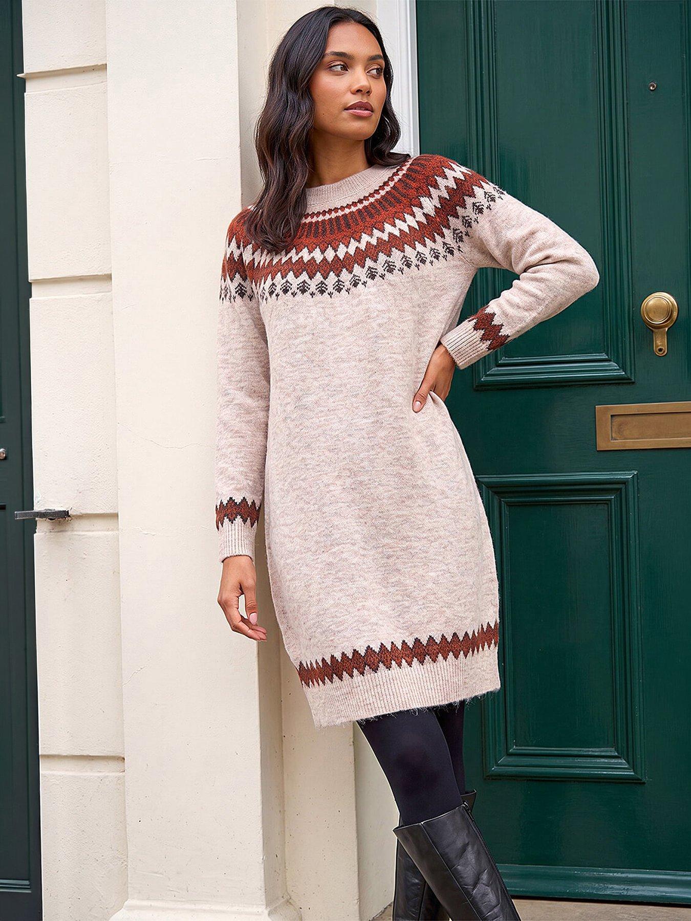 Roman Women's Beige Soft Knit Fairisle Jumper Dress In | : Size 20 - Image 4