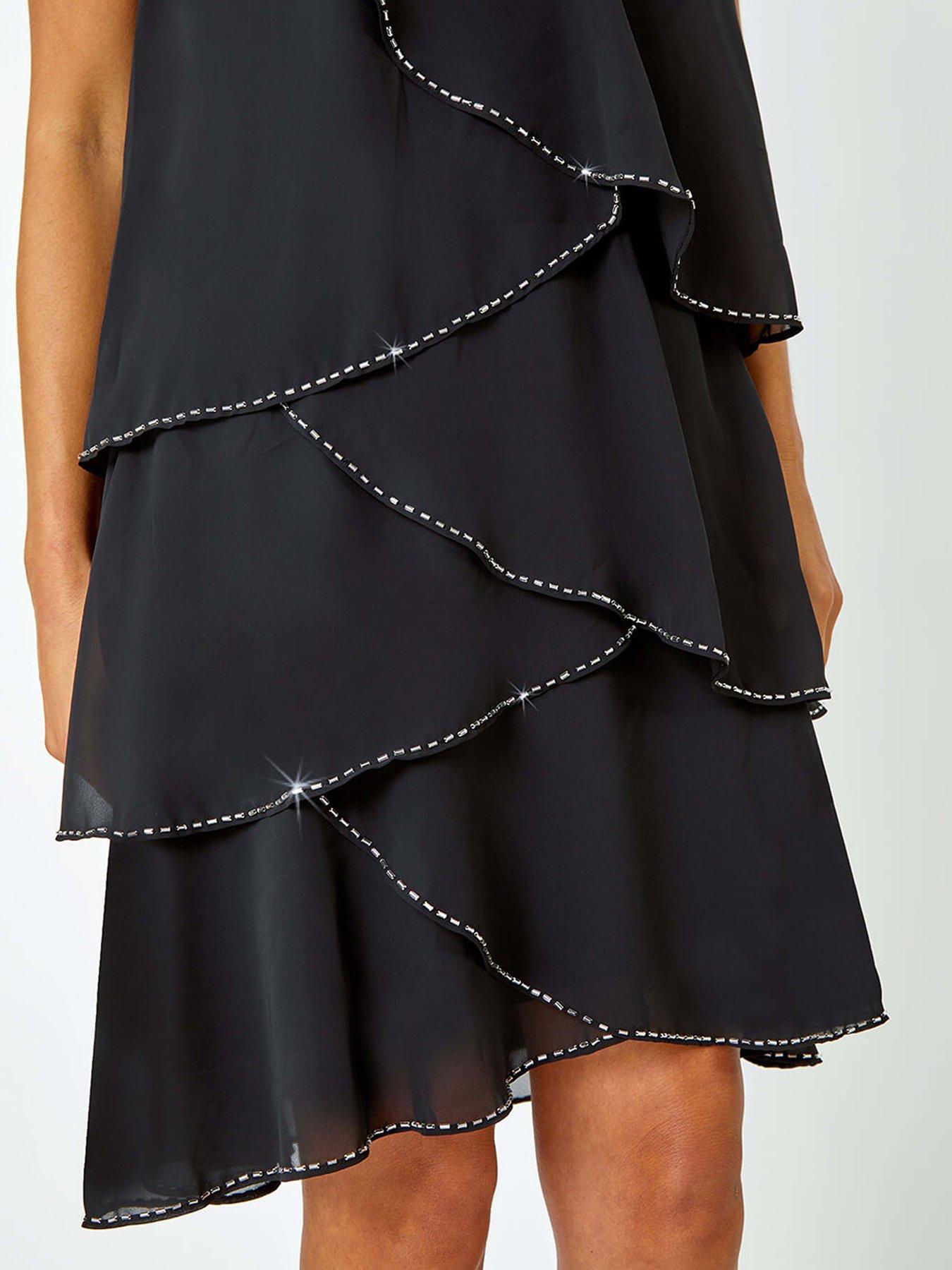 Roman Sequin Trim Tiered Halterneck Dress - Black | Very