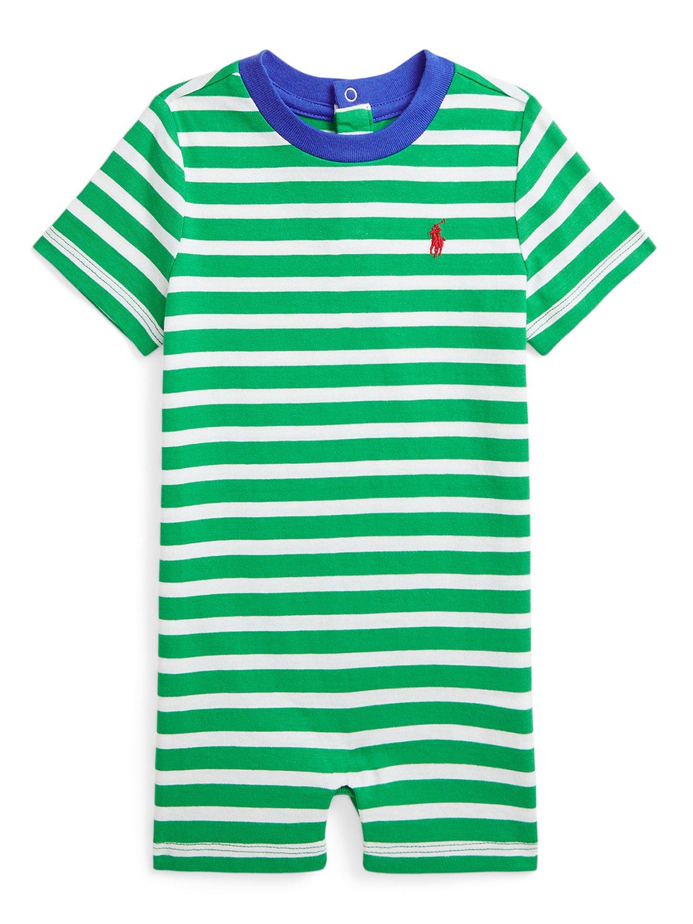 undefined Baby Boys Stripe Shortall Romper - White/Green