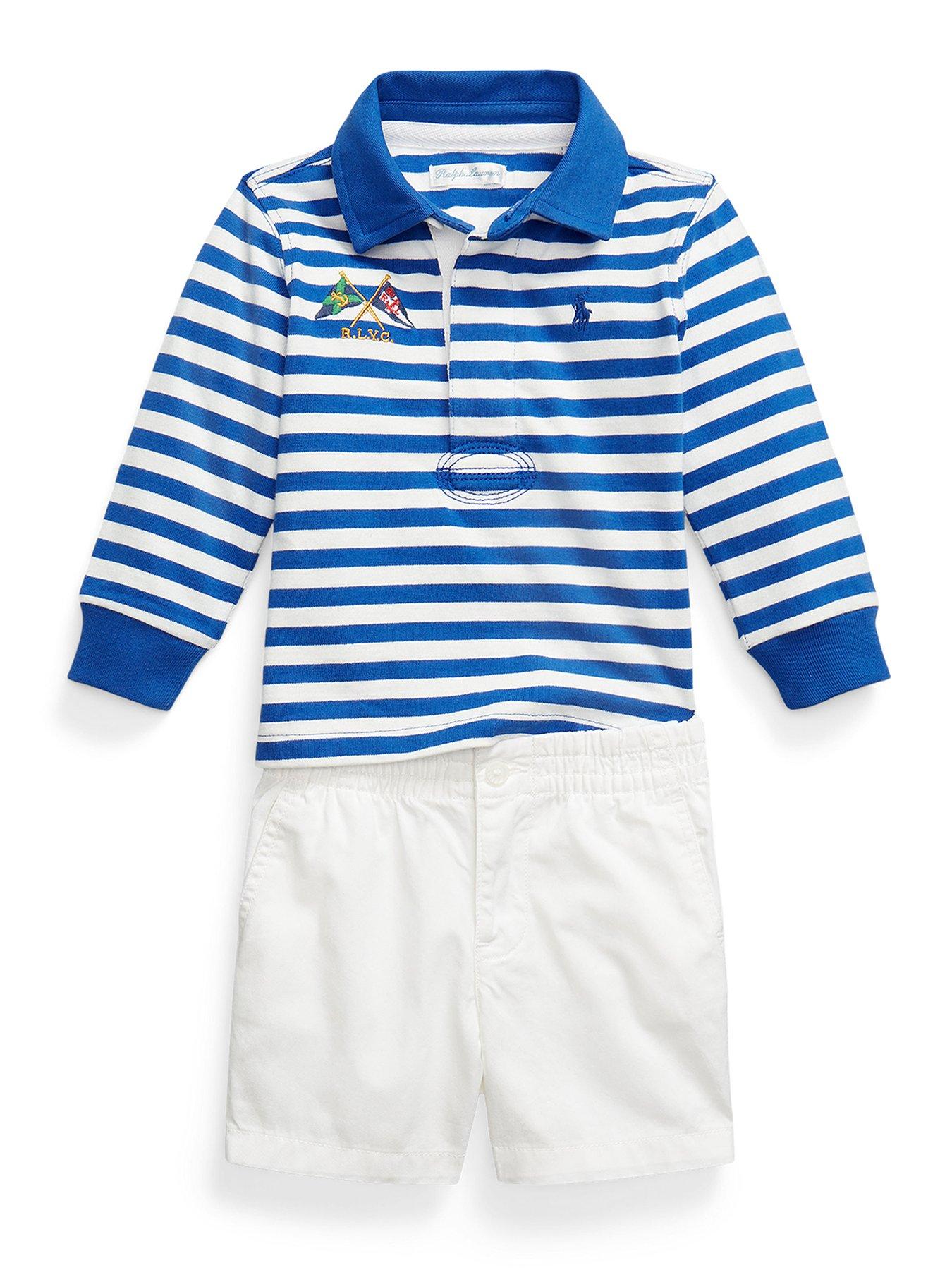undefined Baby Boys Stripe Rugby Top And Short Set - White/Blue