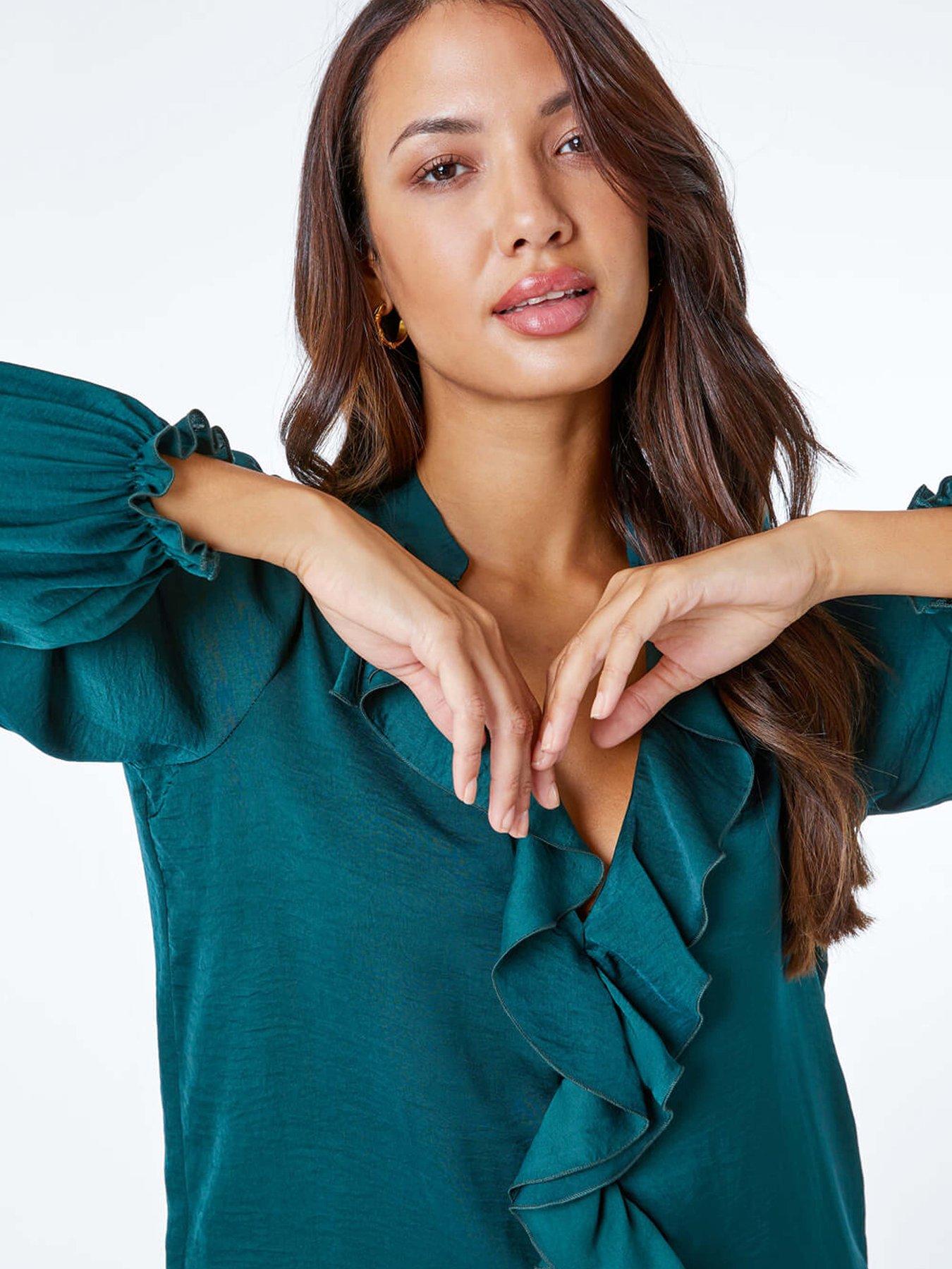 Roman Satin Ruffle Neck Blouse Green Very