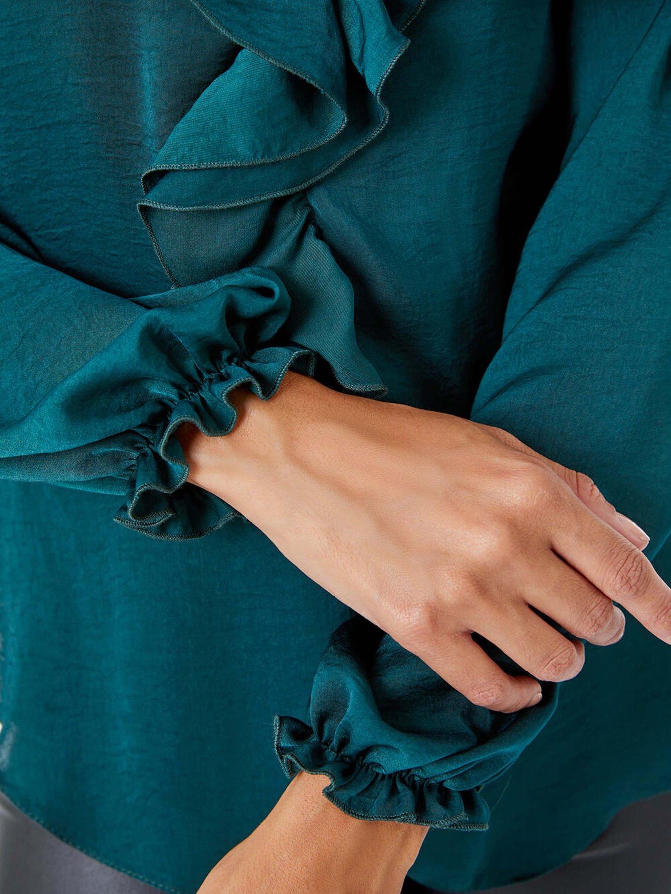 Roman Satin Ruffle Neck Blouse - Green | Very