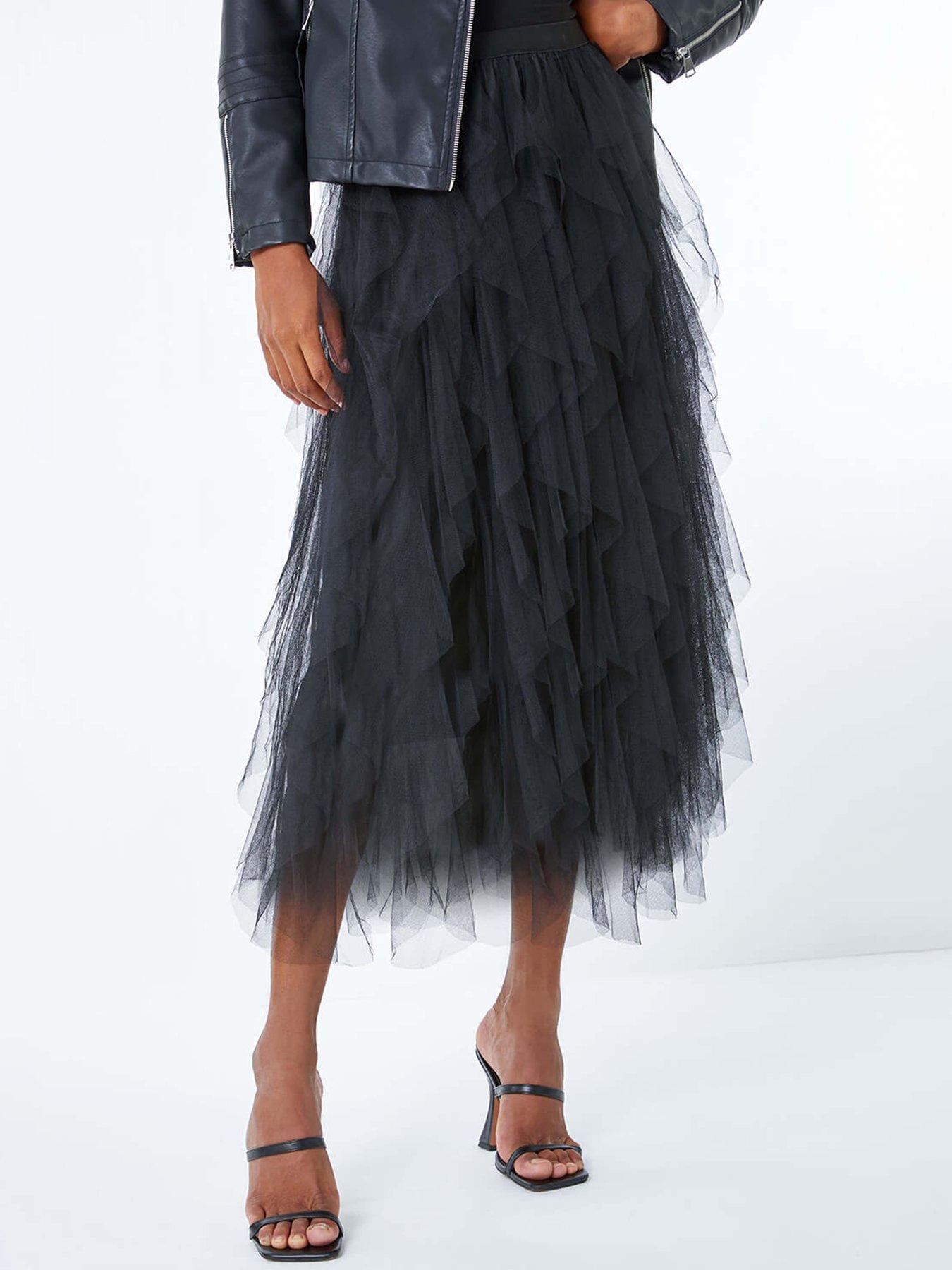 Roman Mesh Layered A Line Skirt - Black