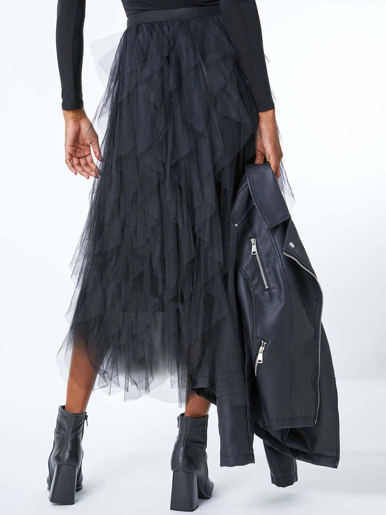 Multilayer Mesh and Sequinned A-Line Skirt with Satin Lining - K503_BLACK