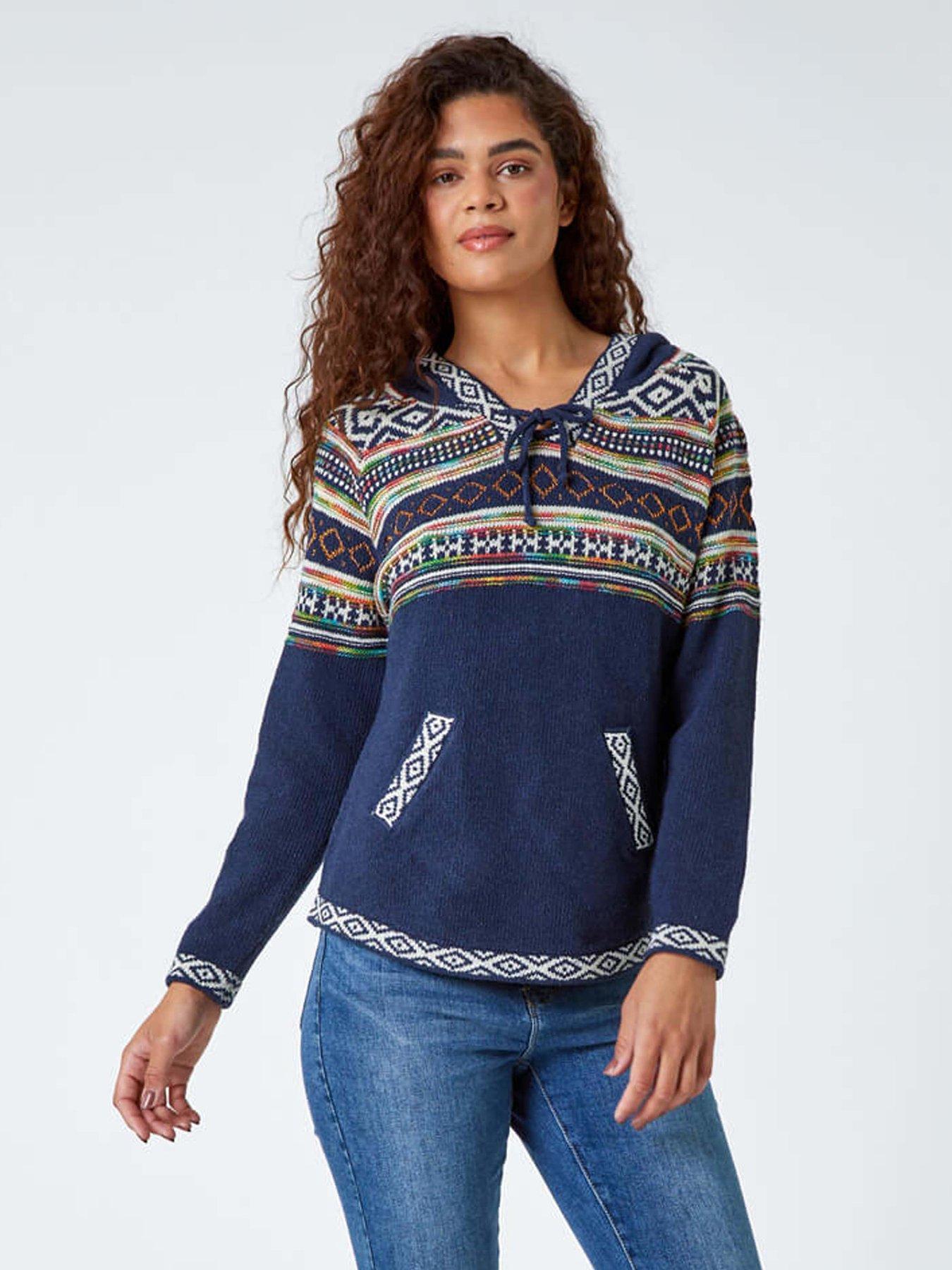 Roman Nordic Print Hooded V-neck Jumper - Midnight Blue