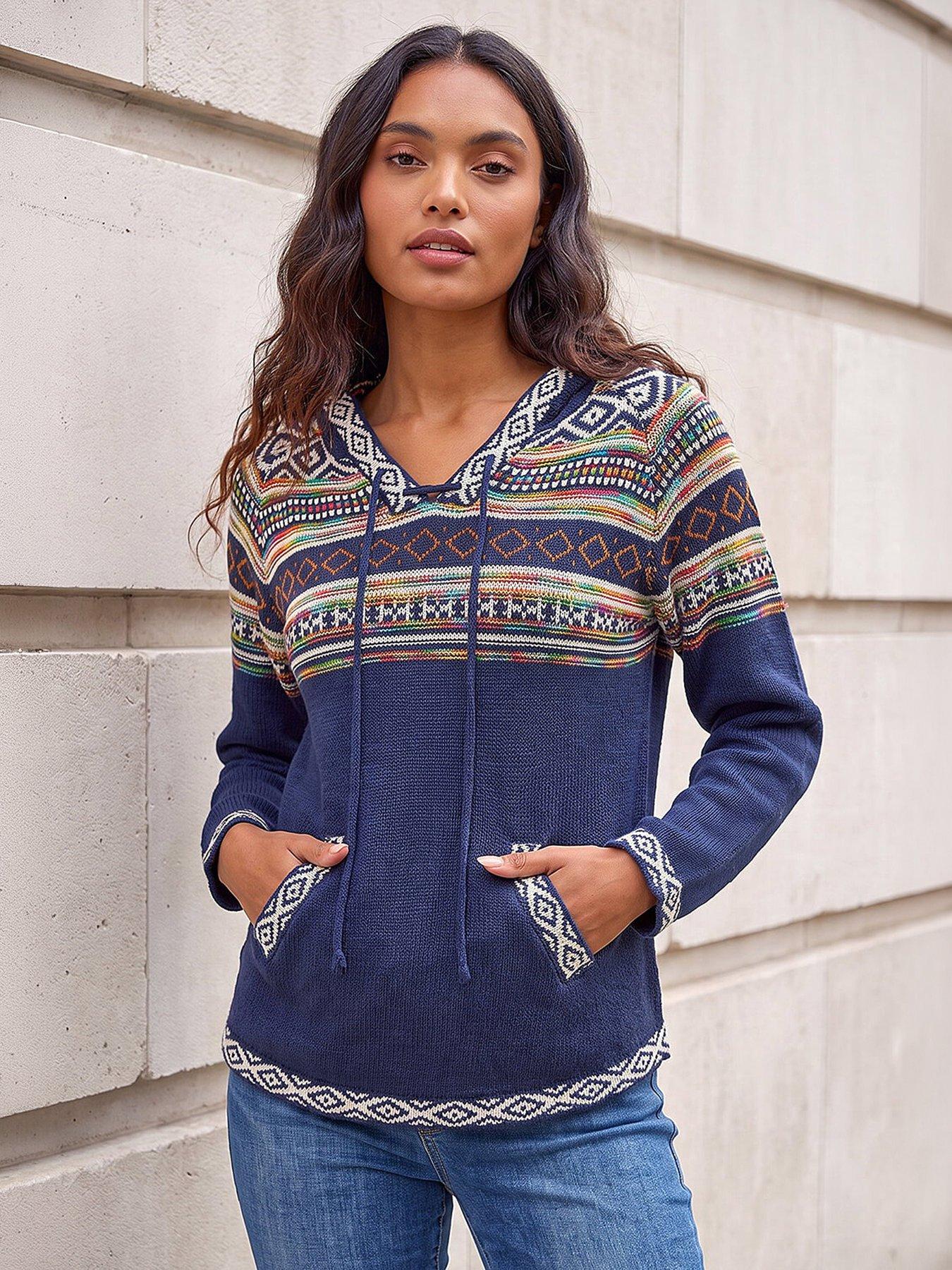 Roman Nordic Print Hooded V-neck Jumper - Midnight Blue | Very