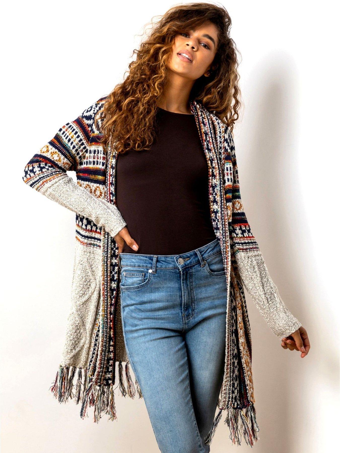 undefined Aztec Print Tassel Hem Longline Cardigan - Natural