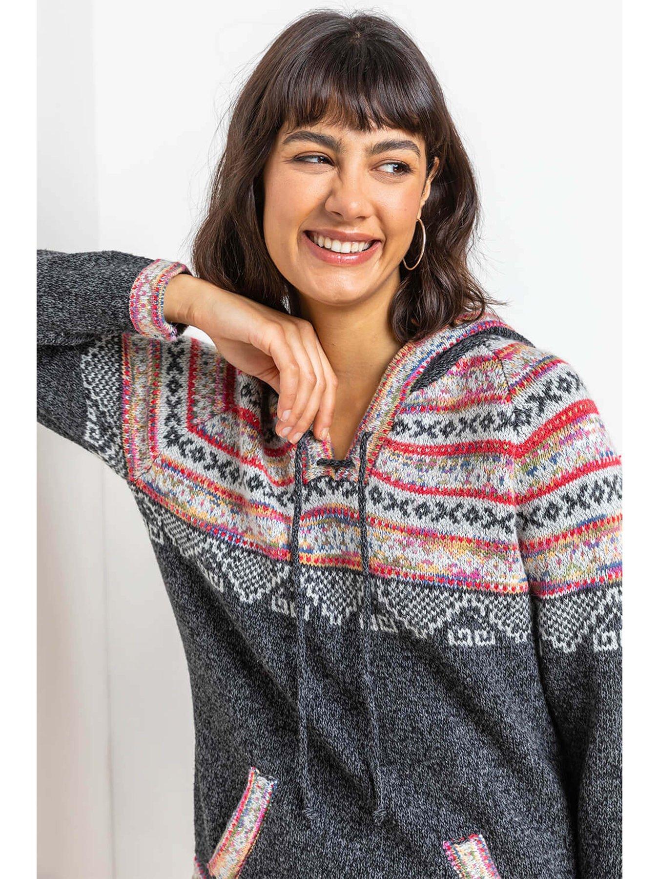 Roman Nordic Print Hooded V-neck Jumper - Charcoal | Very
